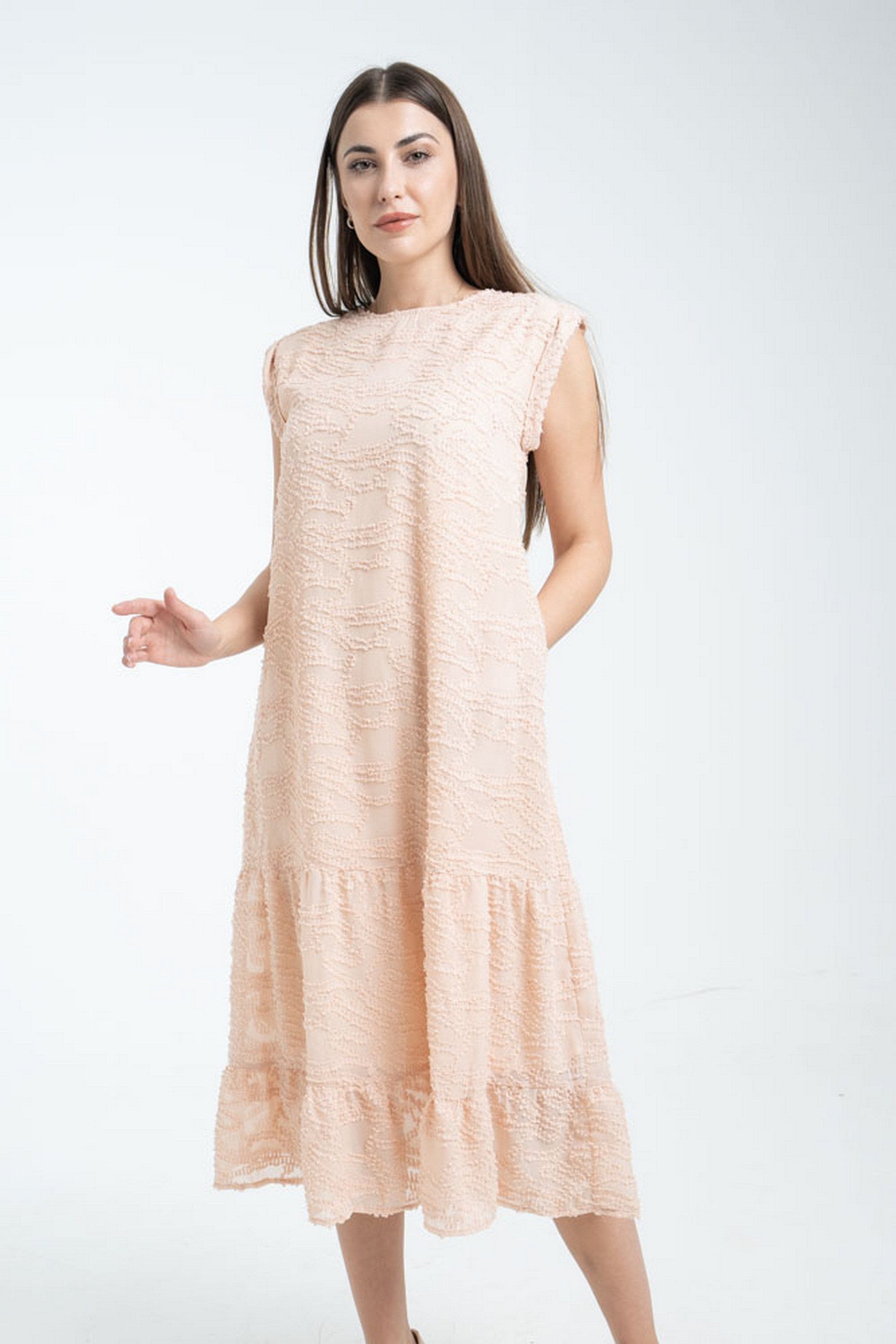 ميكا فستان مطرز واسع بكلوش من أسفل ميدي بكم قصير نسائي