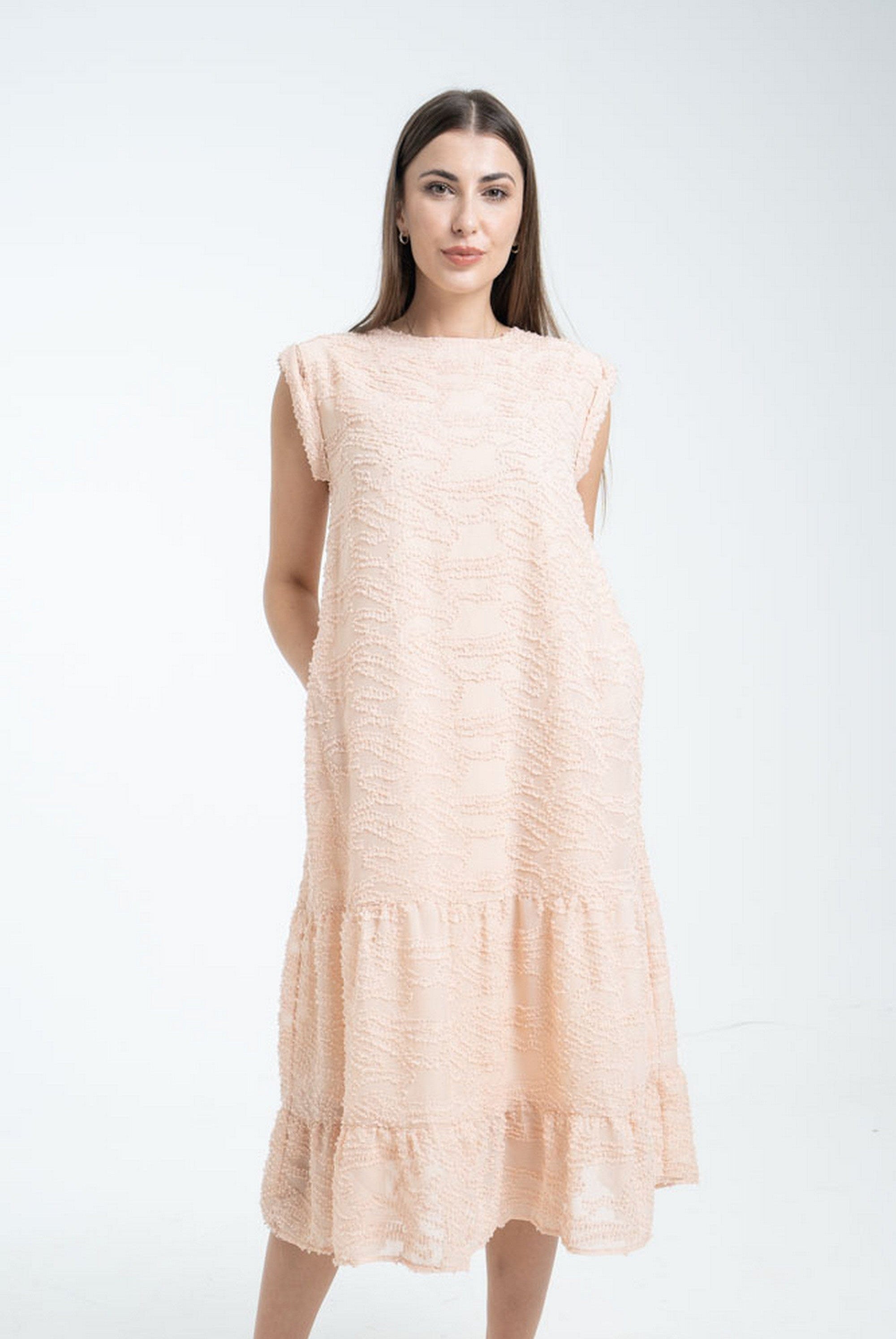 ميكا فستان مطرز واسع بكلوش من أسفل ميدي بكم قصير نسائي