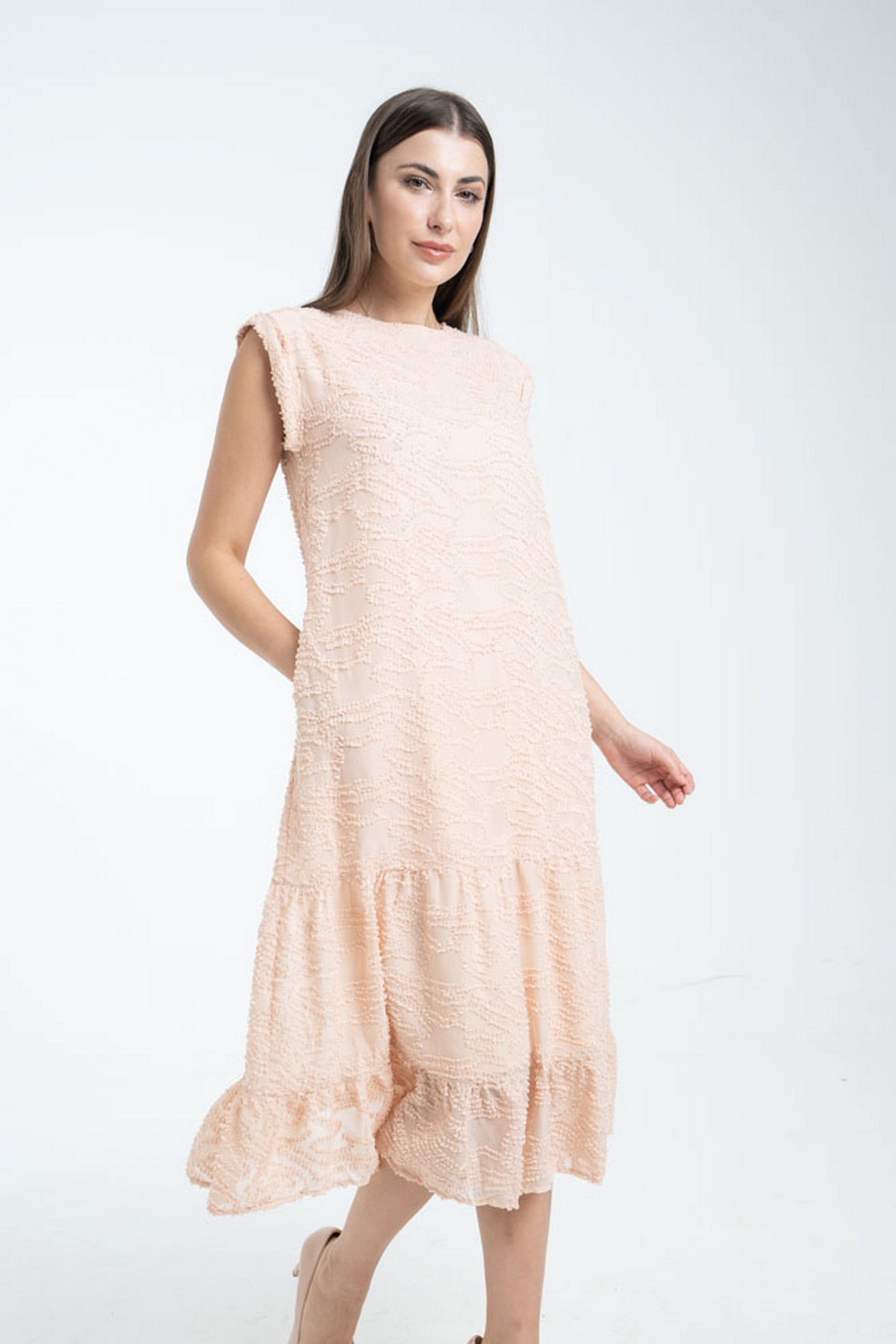 ميكا فستان مطرز واسع بكلوش من أسفل ميدي بكم قصير نسائي