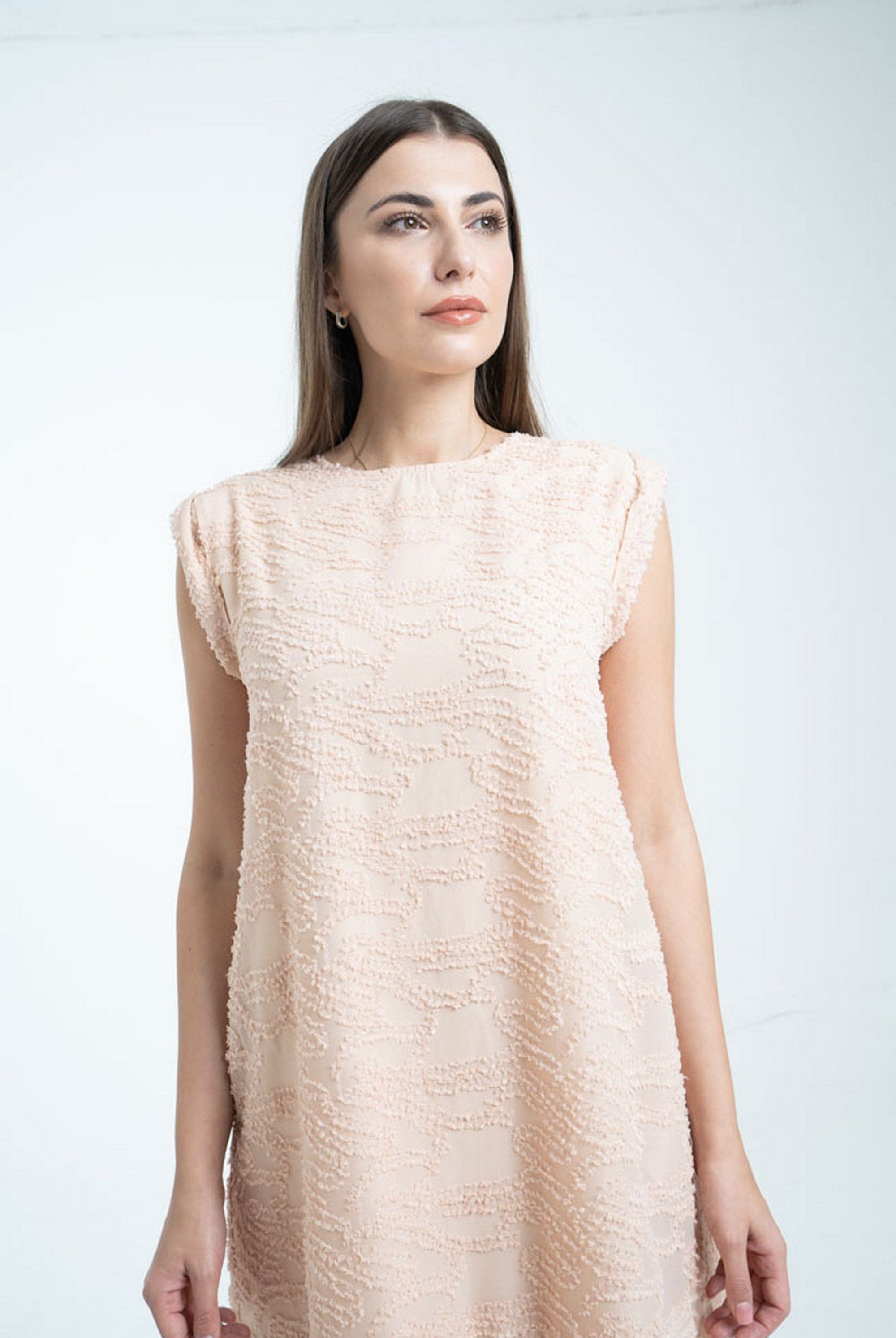 ميكا فستان مطرز واسع بكلوش من أسفل ميدي بكم قصير نسائي