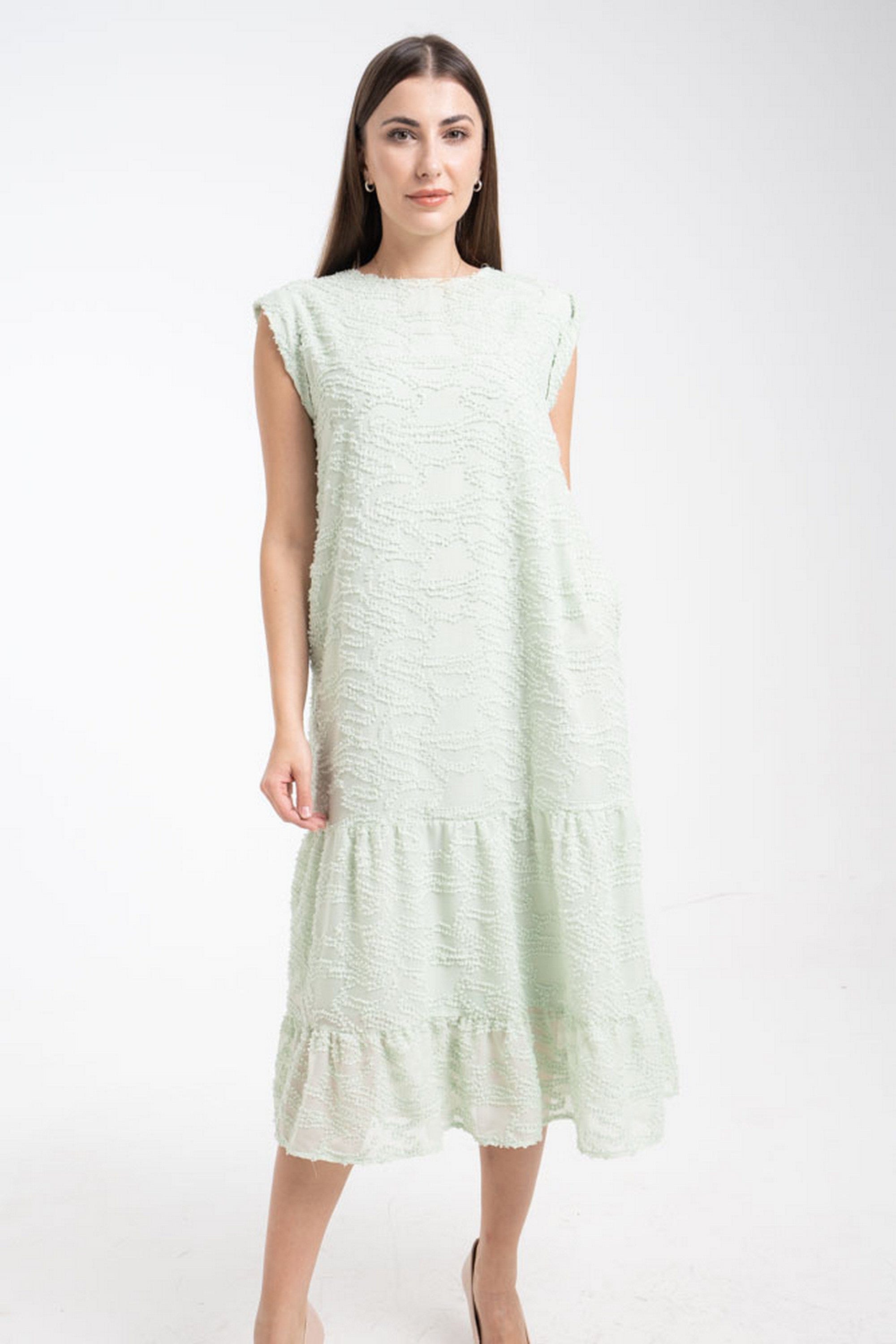 ميكا فستان مطرز واسع بكلوش من أسفل ميدي بكم قصير نسائي