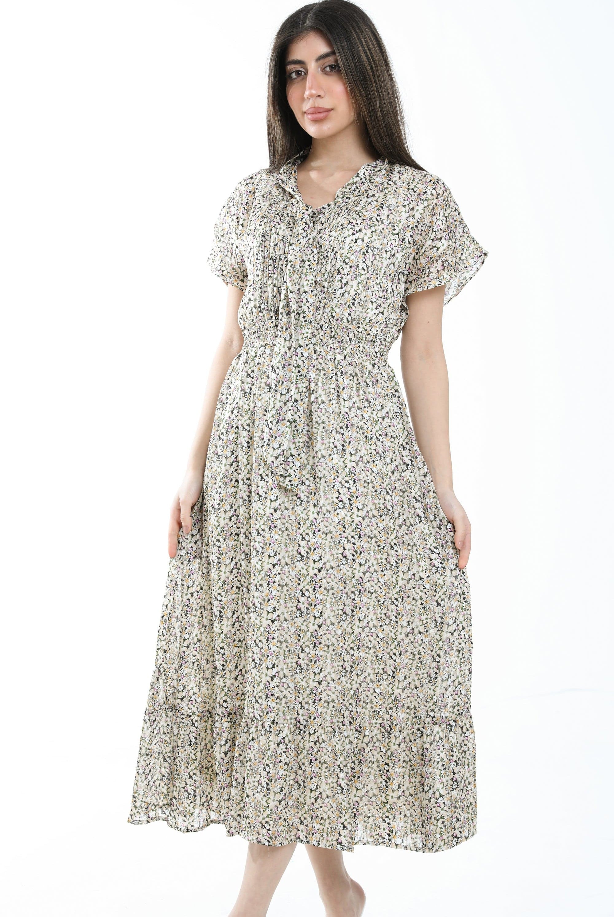 ميكا فستان مشجر كم قصير مخصر بربطة عنق نسائي