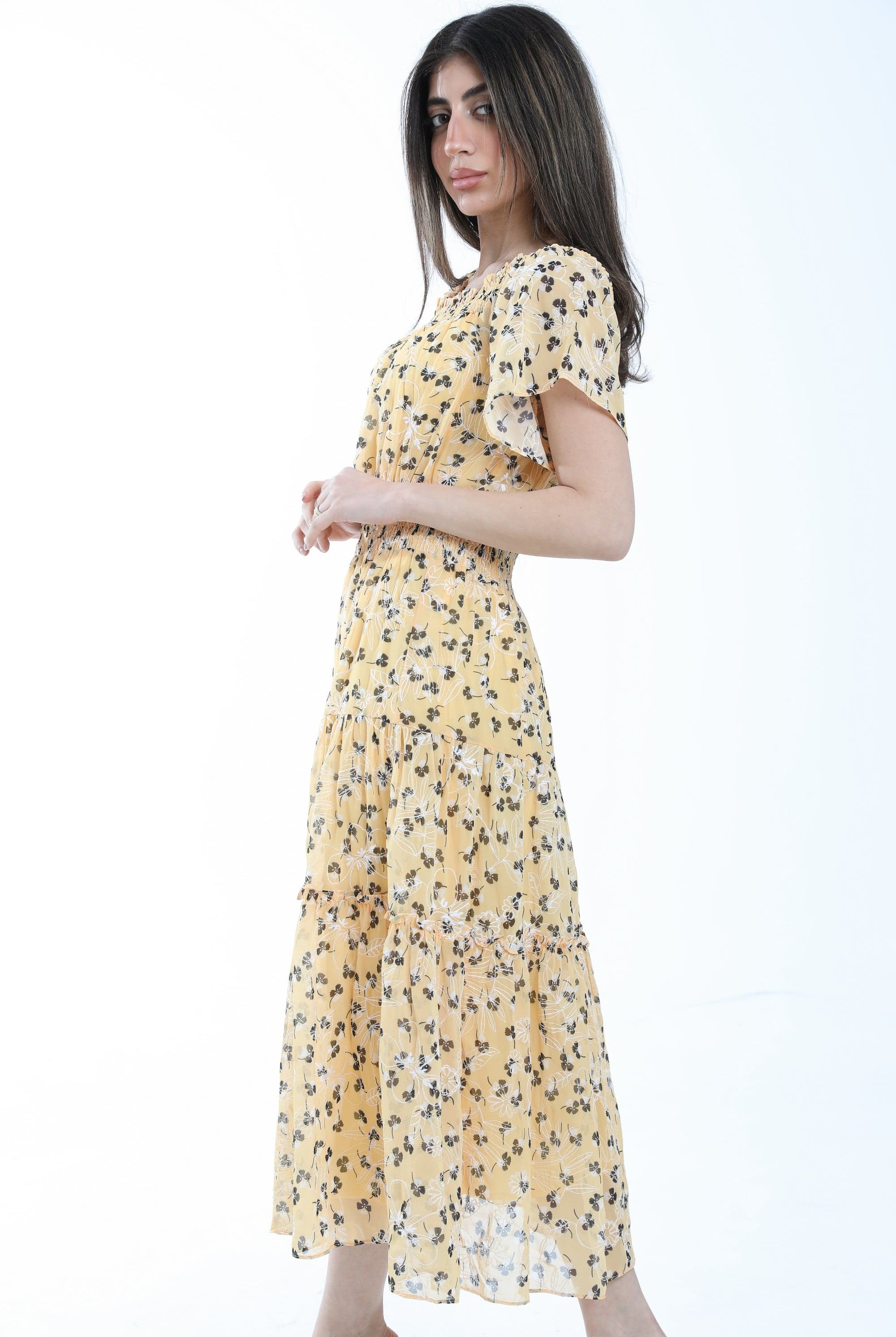 ميكا فستان مشجر مخصر كم قصير نسائي أصفر باستل