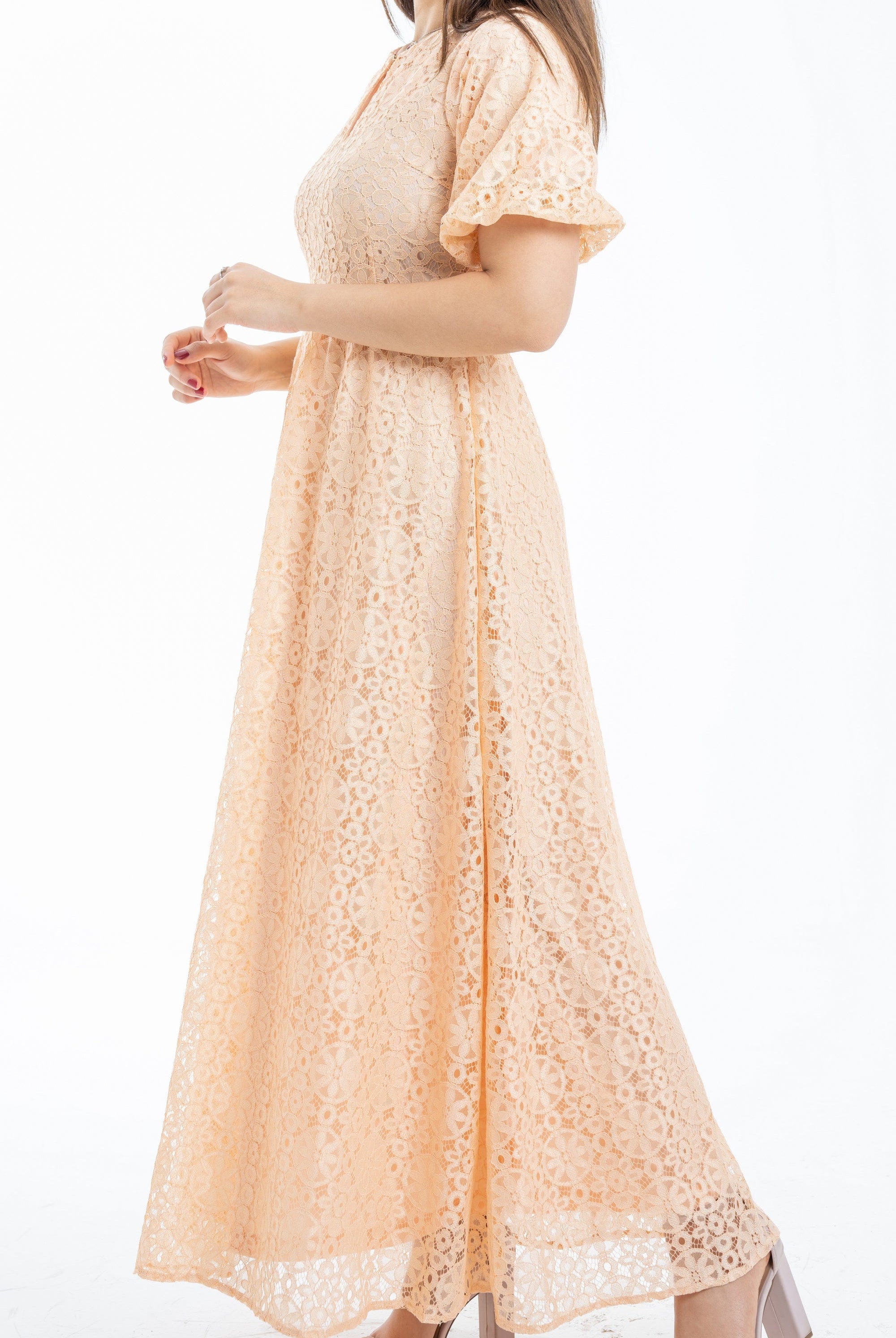 ميكا فستان طويل مخرم مخصر مفتوح من الأمام نص كم بف نسائي