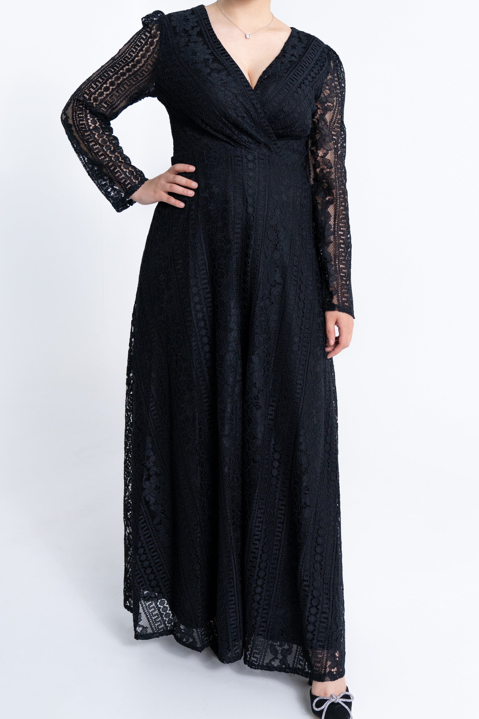 ميكا فستان دانتيل طويل مخصر لف كم طويل نسائي