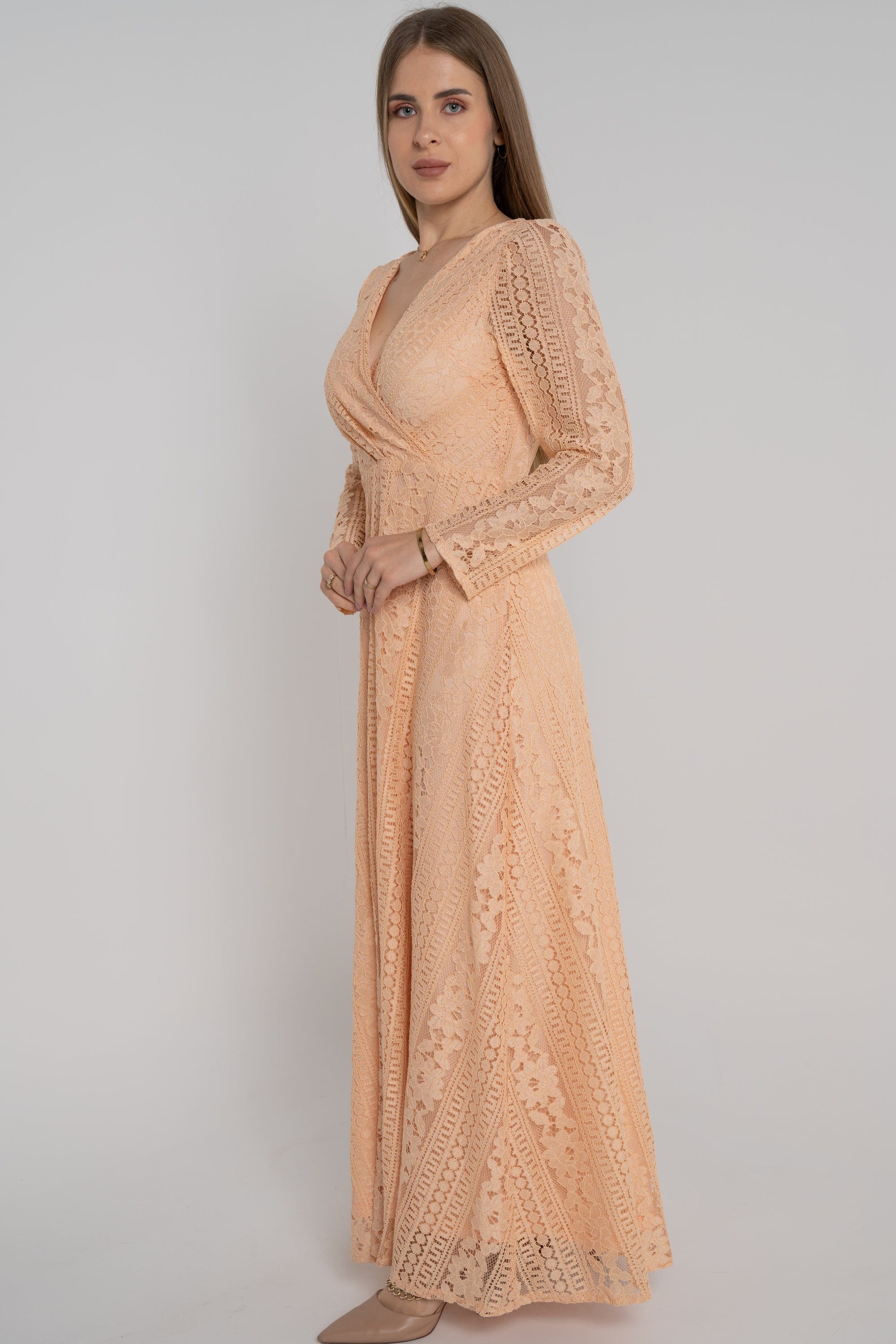 ميكا فستان دانتيل طويل مخصر لف كم طويل نسائي