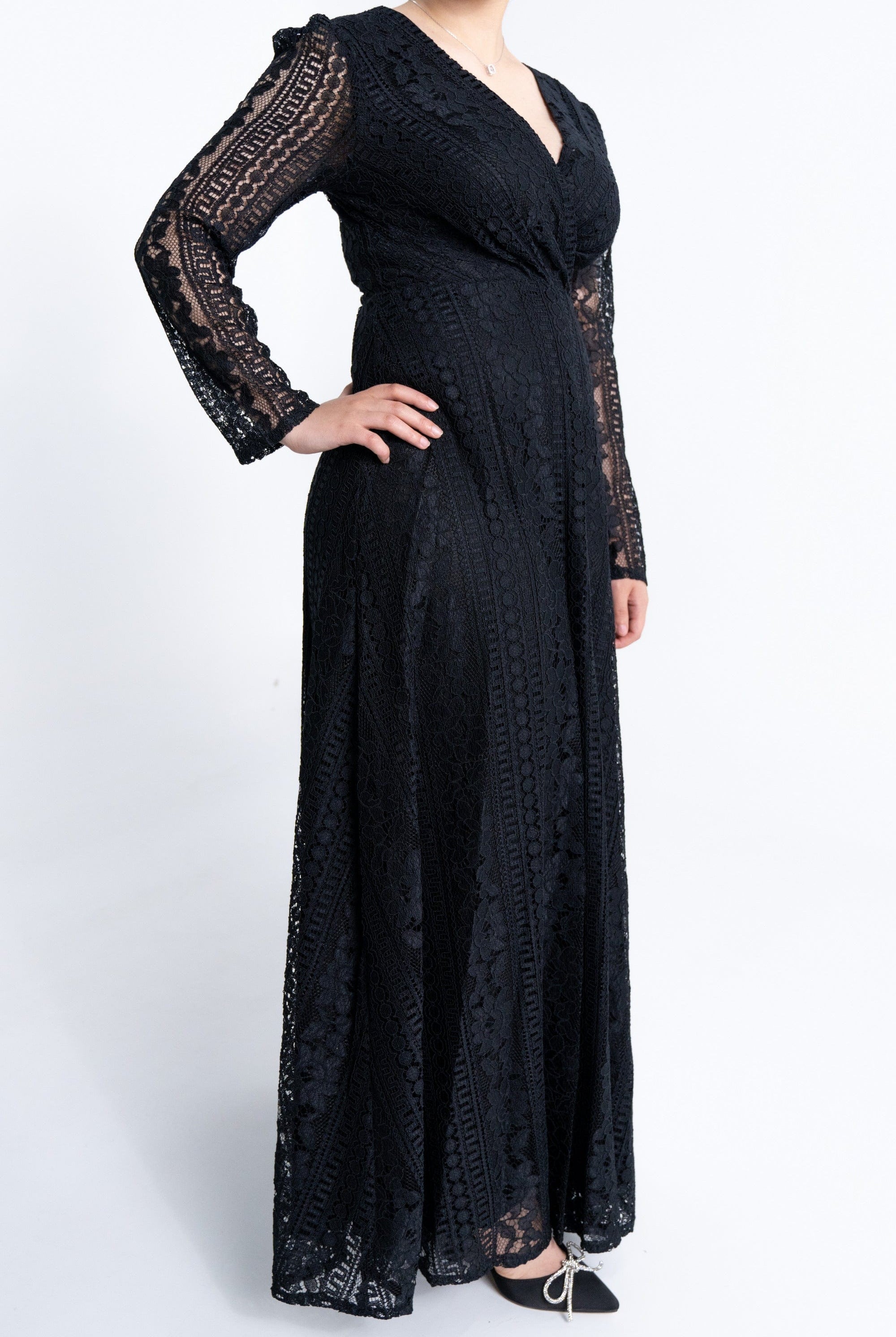 ميكا فستان دانتيل طويل مخصر لف كم طويل نسائي