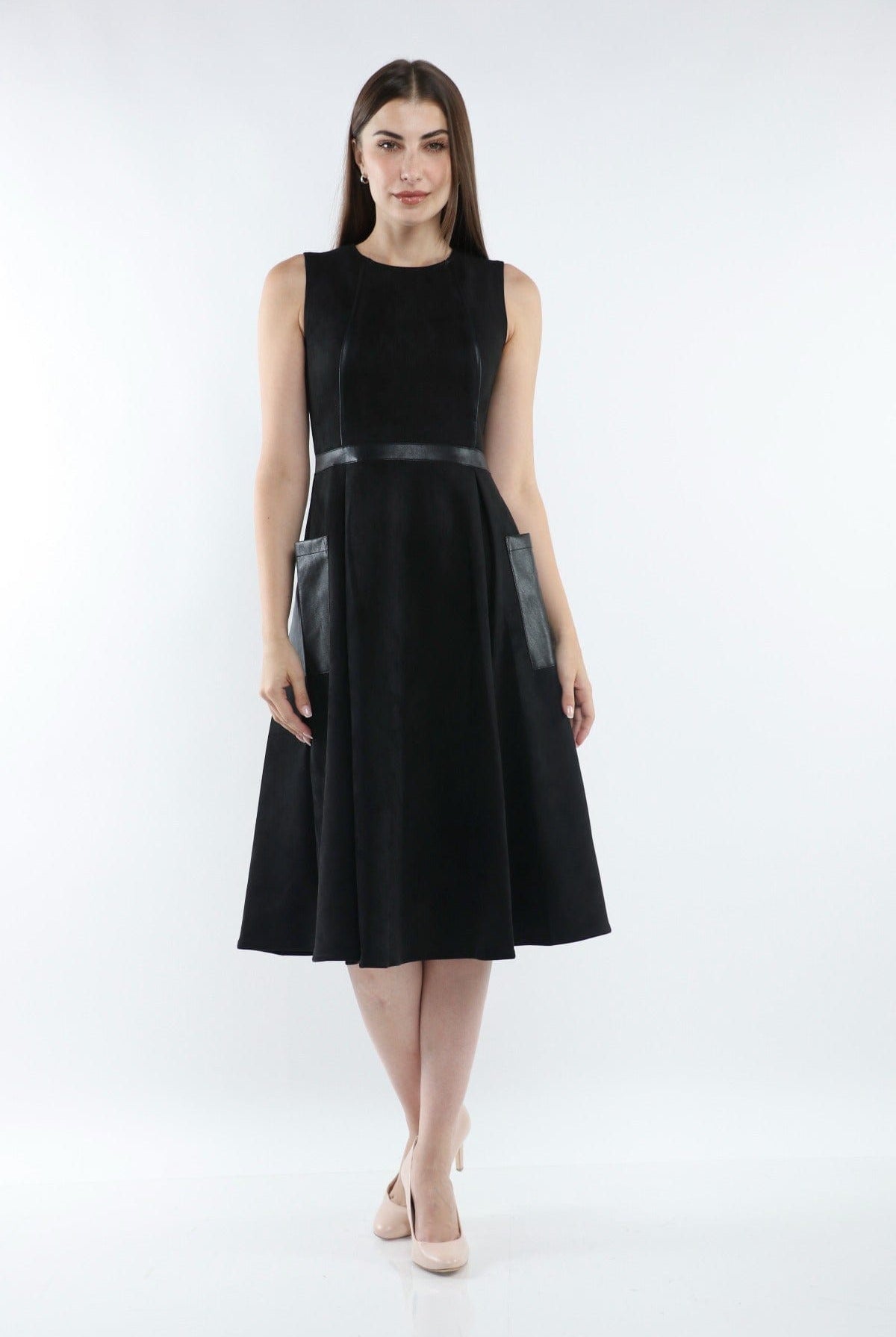 ميكا فستان ميدي بدون أكمام مخصر مزين بجيوب