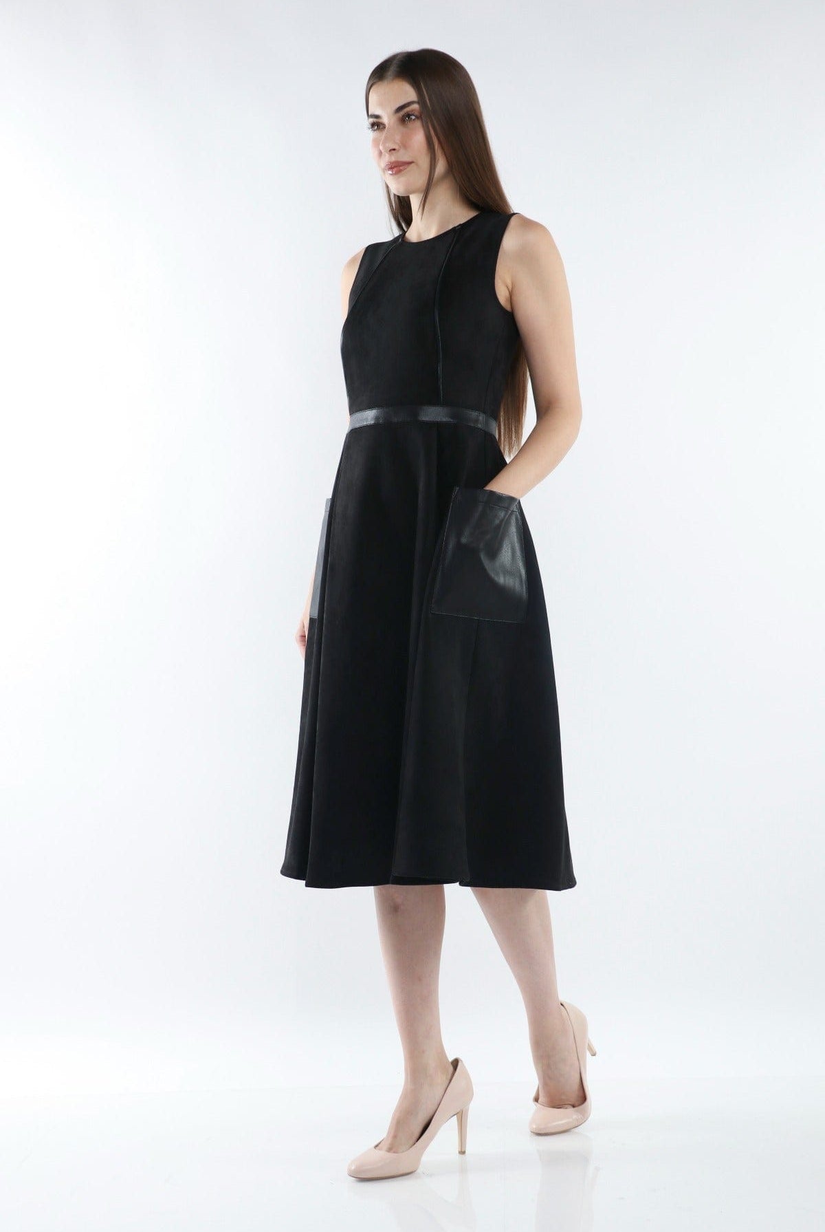 ميكا فستان ميدي بدون أكمام مخصر مزين بجيوب