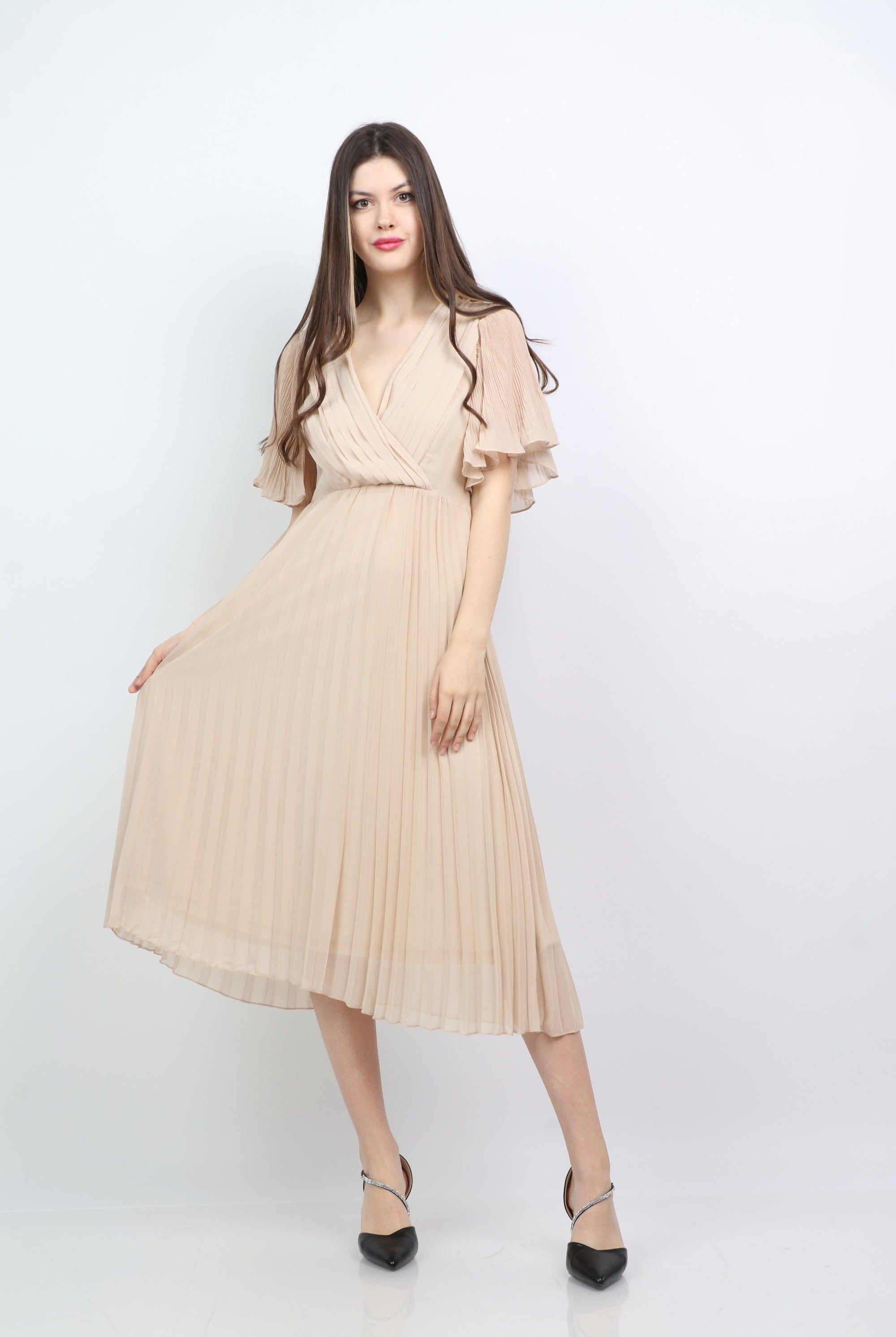 ميكا فستان ميدي بليسيه مخصرة بفتحة سبعة نص كم واسع نسائي