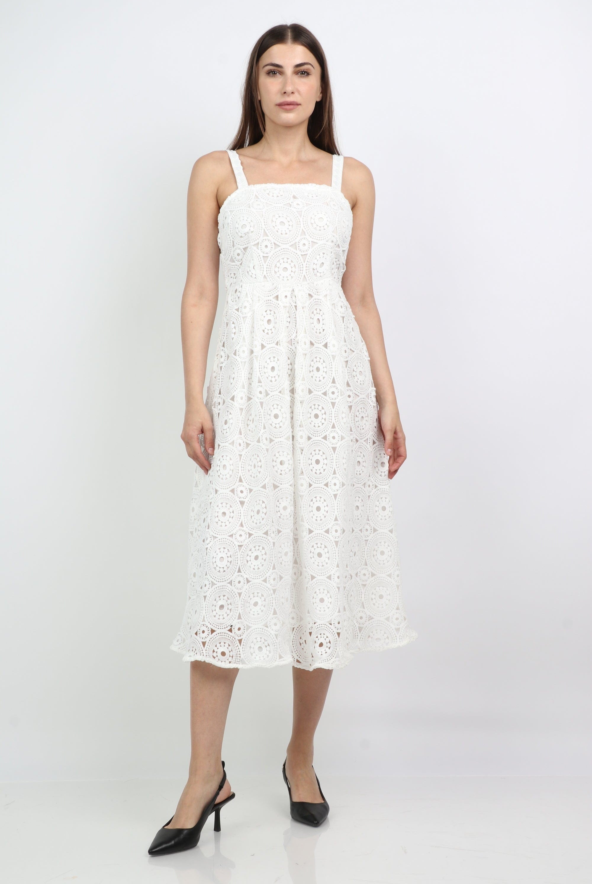 ميكا فستان ميدي بحمالات عريضة دانتيل منفوش