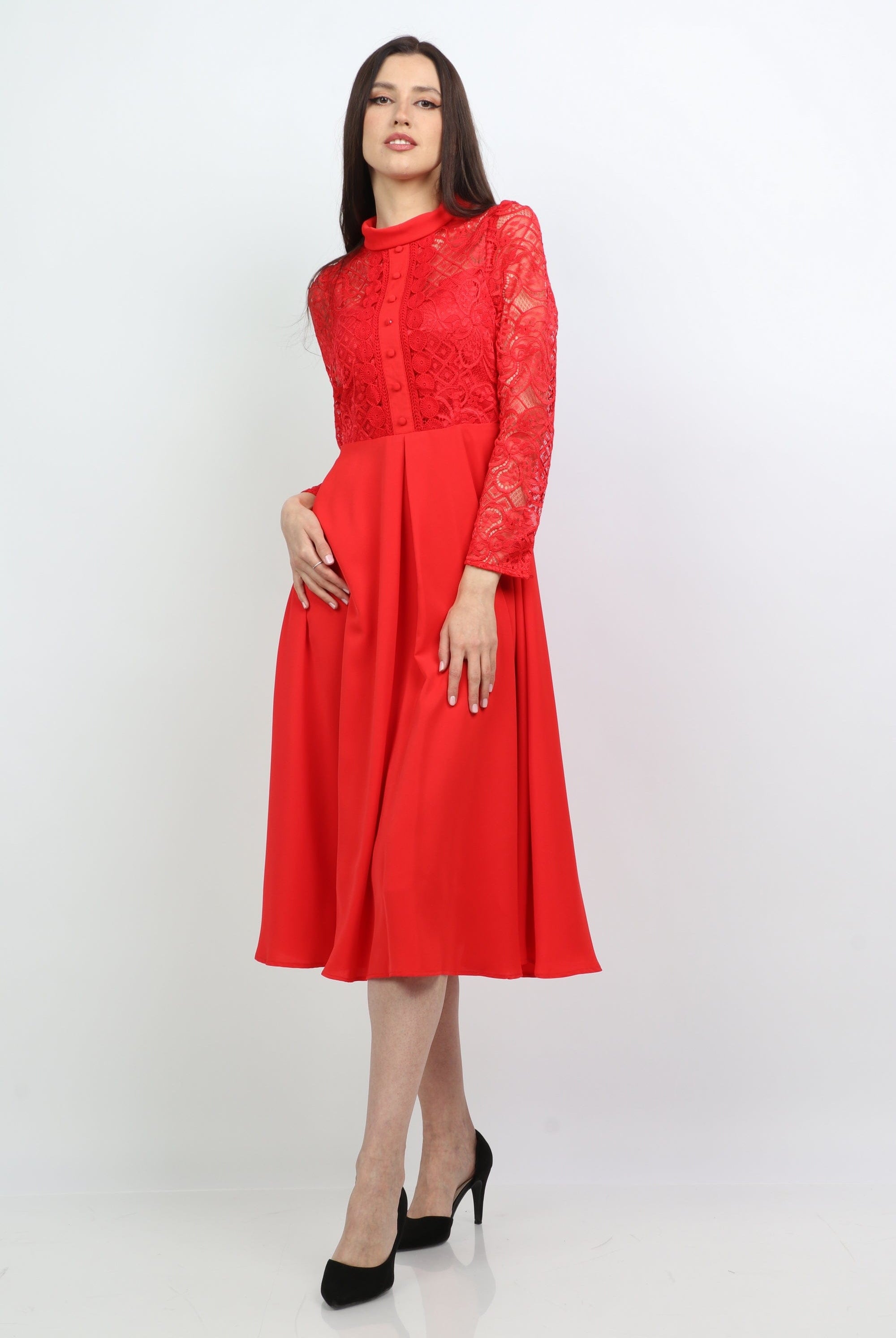 ميكا فستان شفاف من أعلى منفوش من أسفل كم طويل بأزرار أمامية نسائي