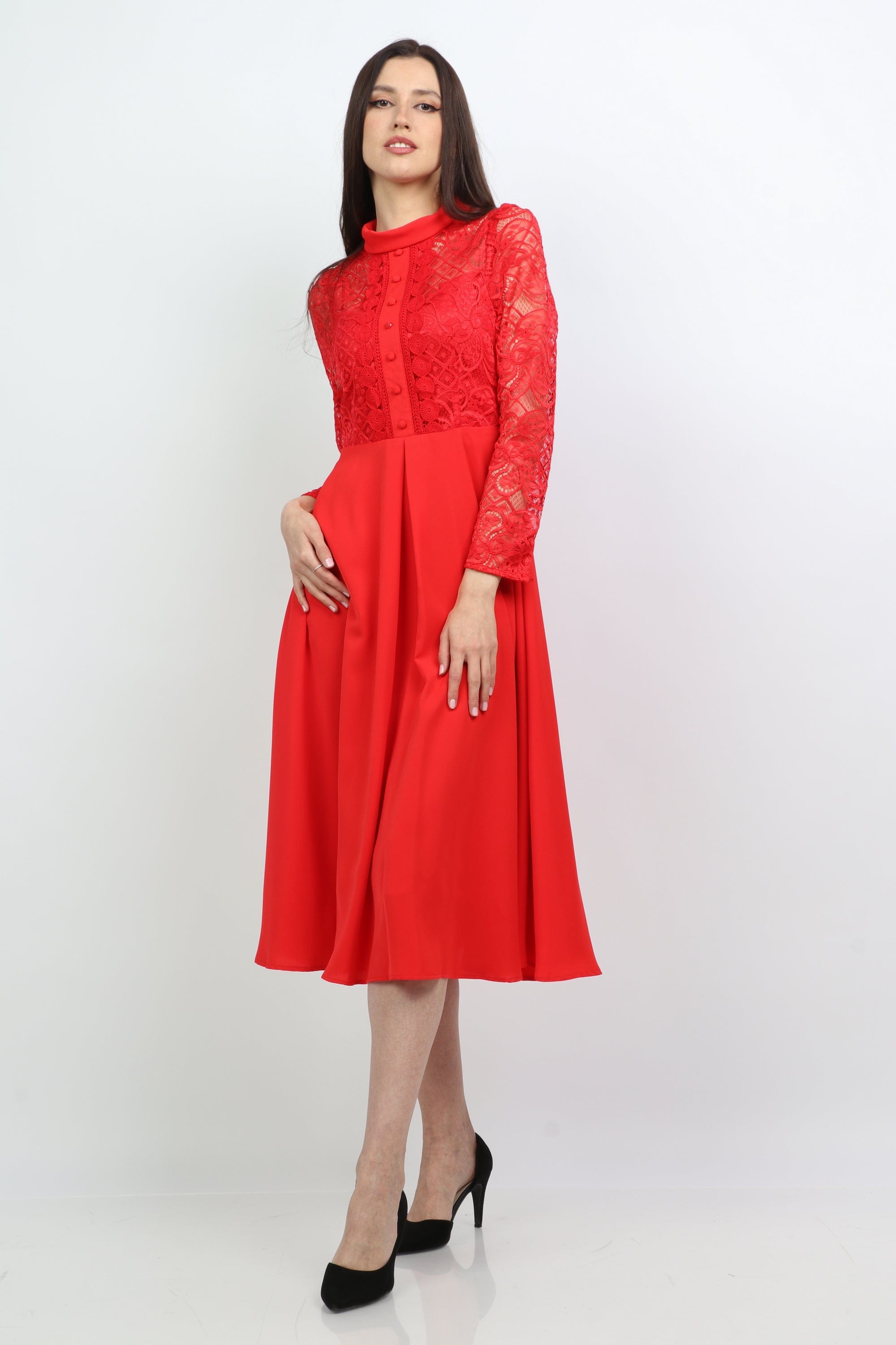 ميكا فستان شفاف من أعلى منفوش من أسفل كم طويل بأزرار أمامية نسائي