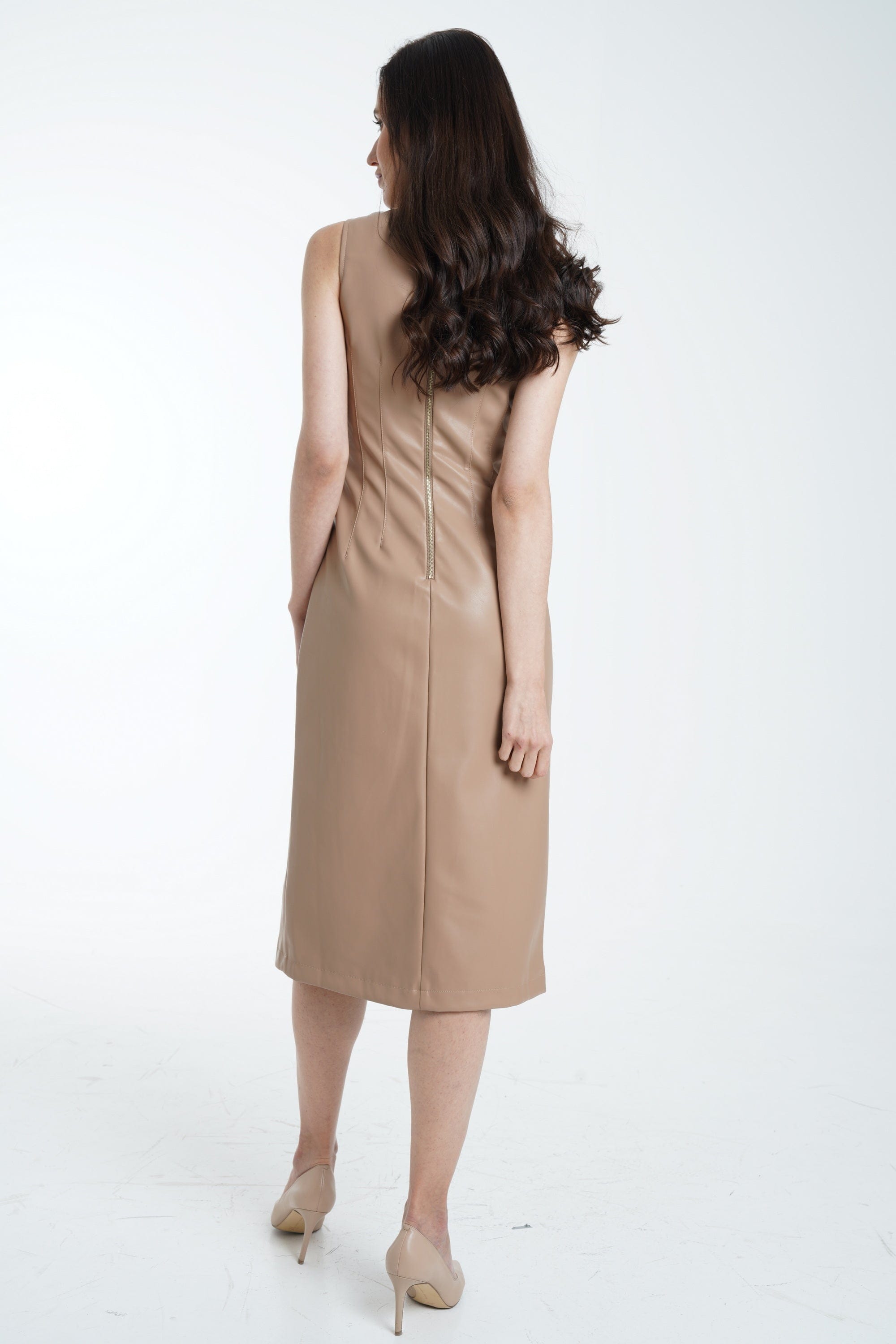 ميكا فستان ميدي جلد زم سادة كت برقبة نسائي