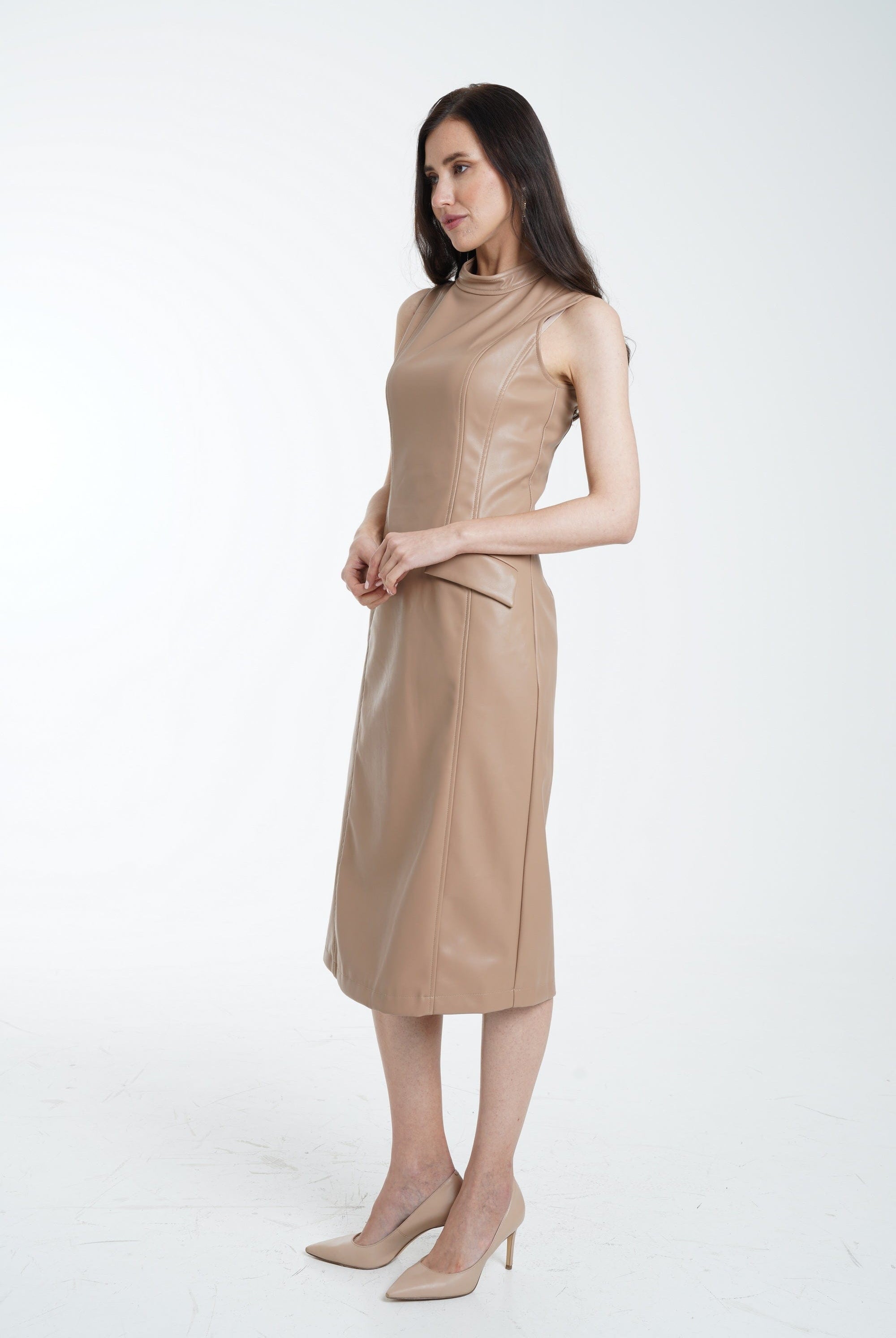 ميكا فستان ميدي جلد زم سادة كت برقبة نسائي