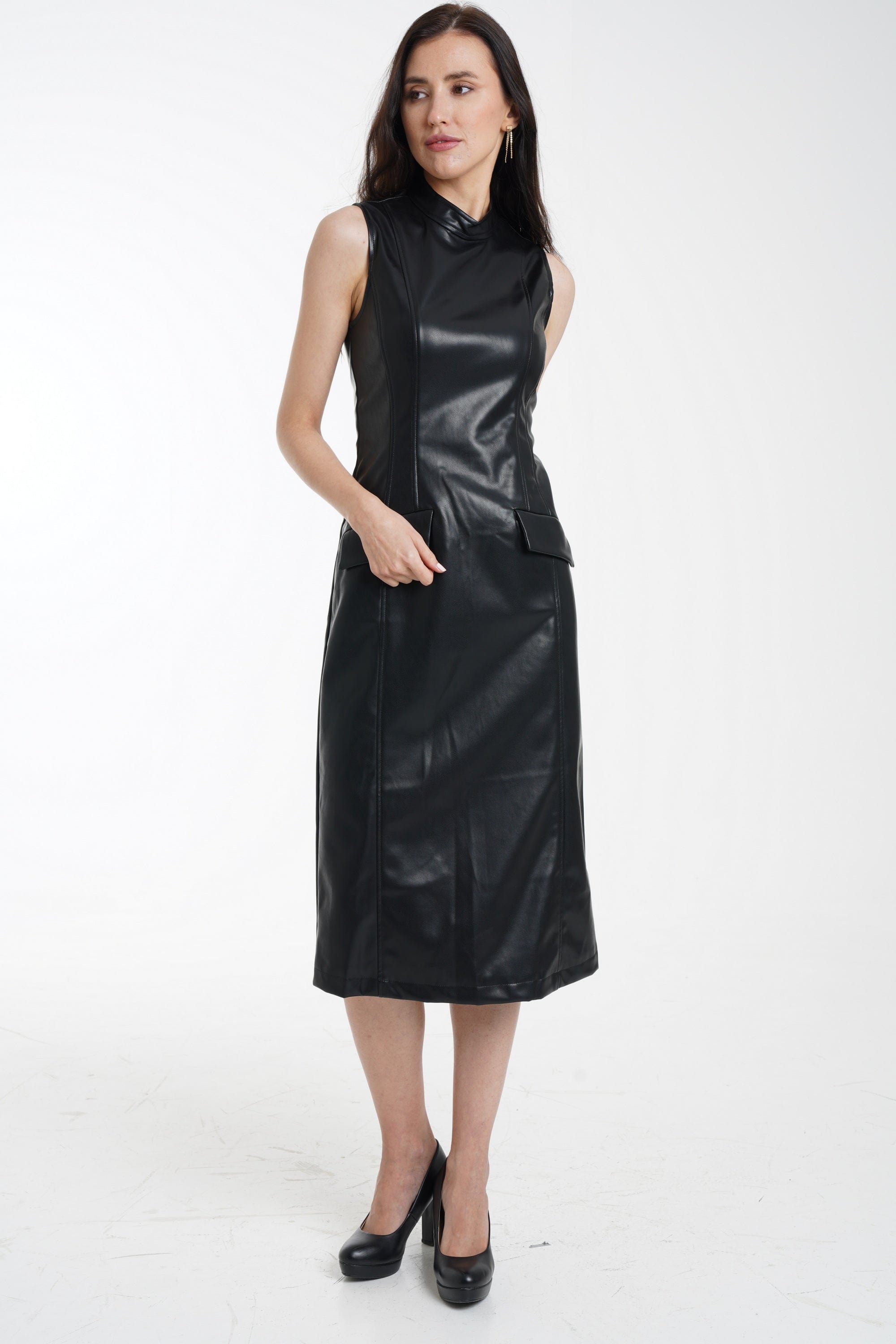 ميكا فستان ميدي جلد زم سادة كت برقبة نسائي