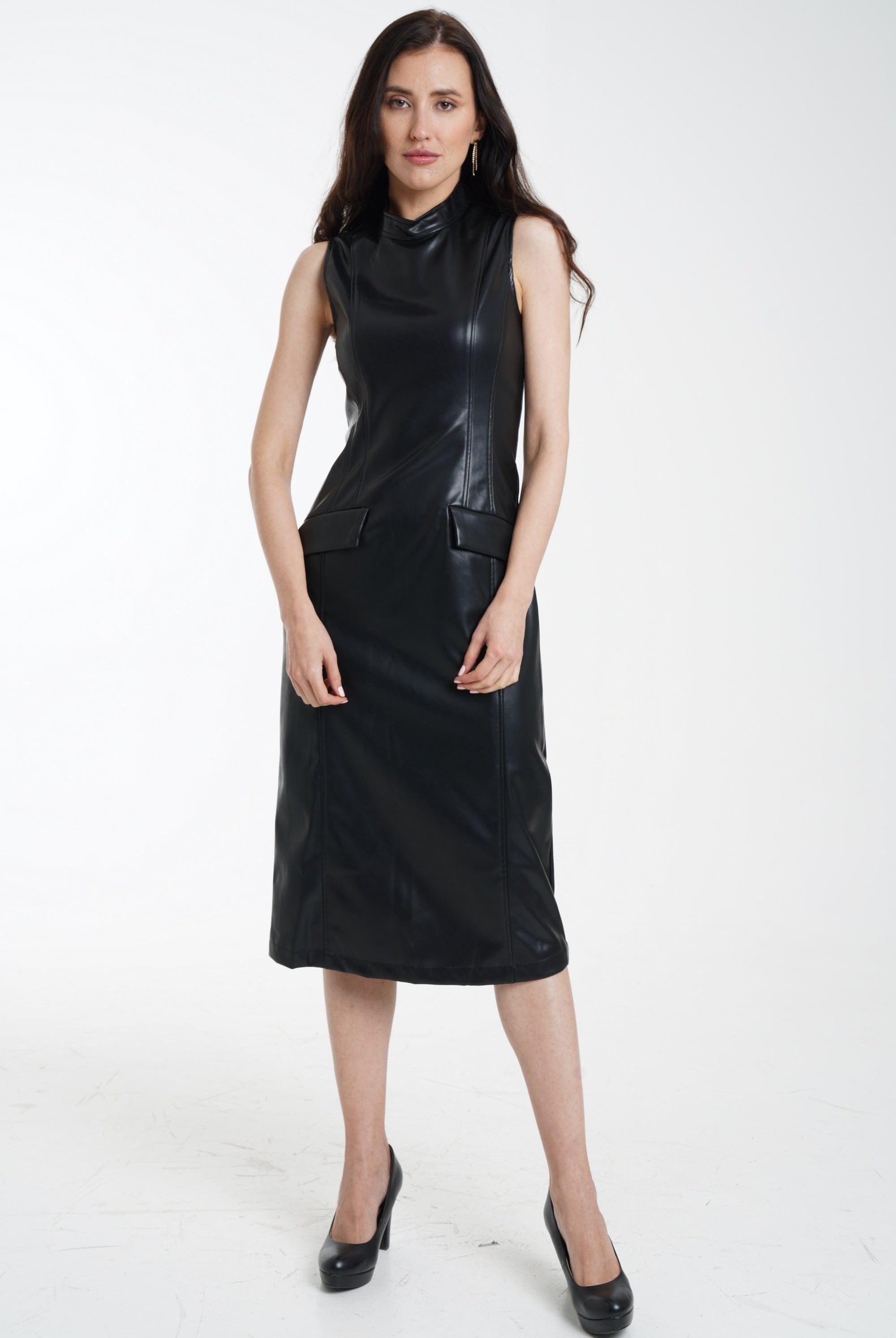 ميكا فستان ميدي جلد زم سادة كت برقبة نسائي