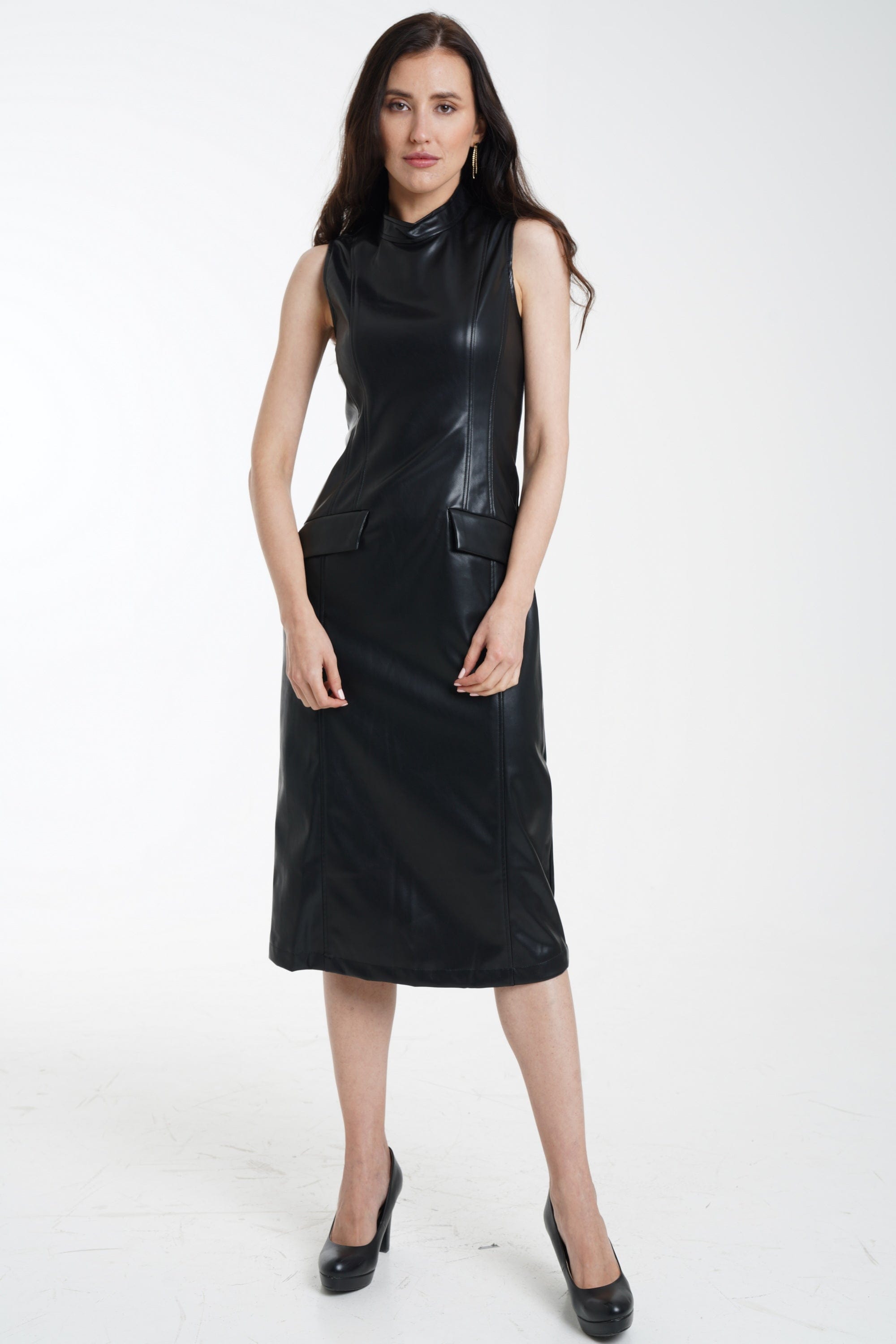 ميكا فستان ميدي جلد زم سادة كت برقبة نسائي