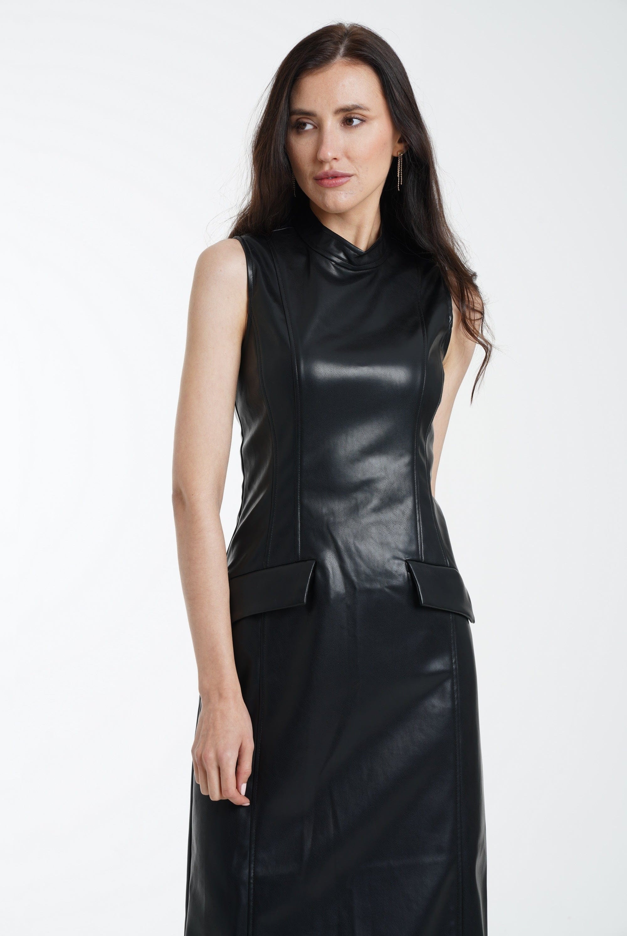 ميكا فستان ميدي جلد زم سادة كت برقبة نسائي