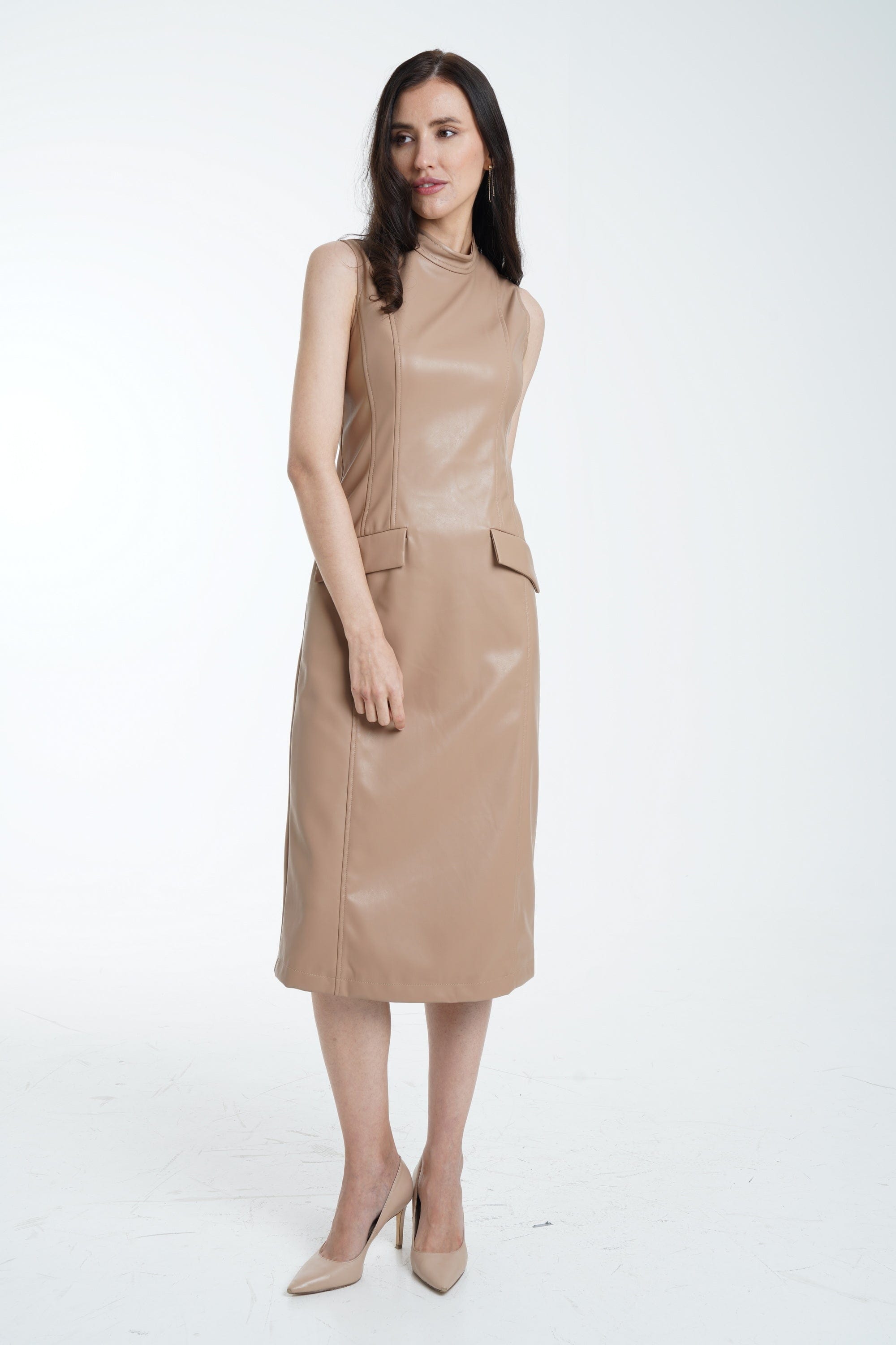 ميكا فستان ميدي جلد زم سادة كت برقبة نسائي