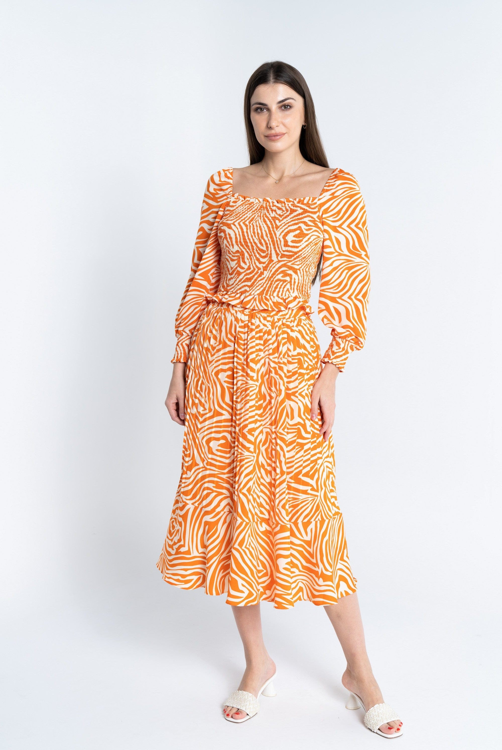 ميكا توب منقوش بياقة مربعة كم طويل بف نسائي