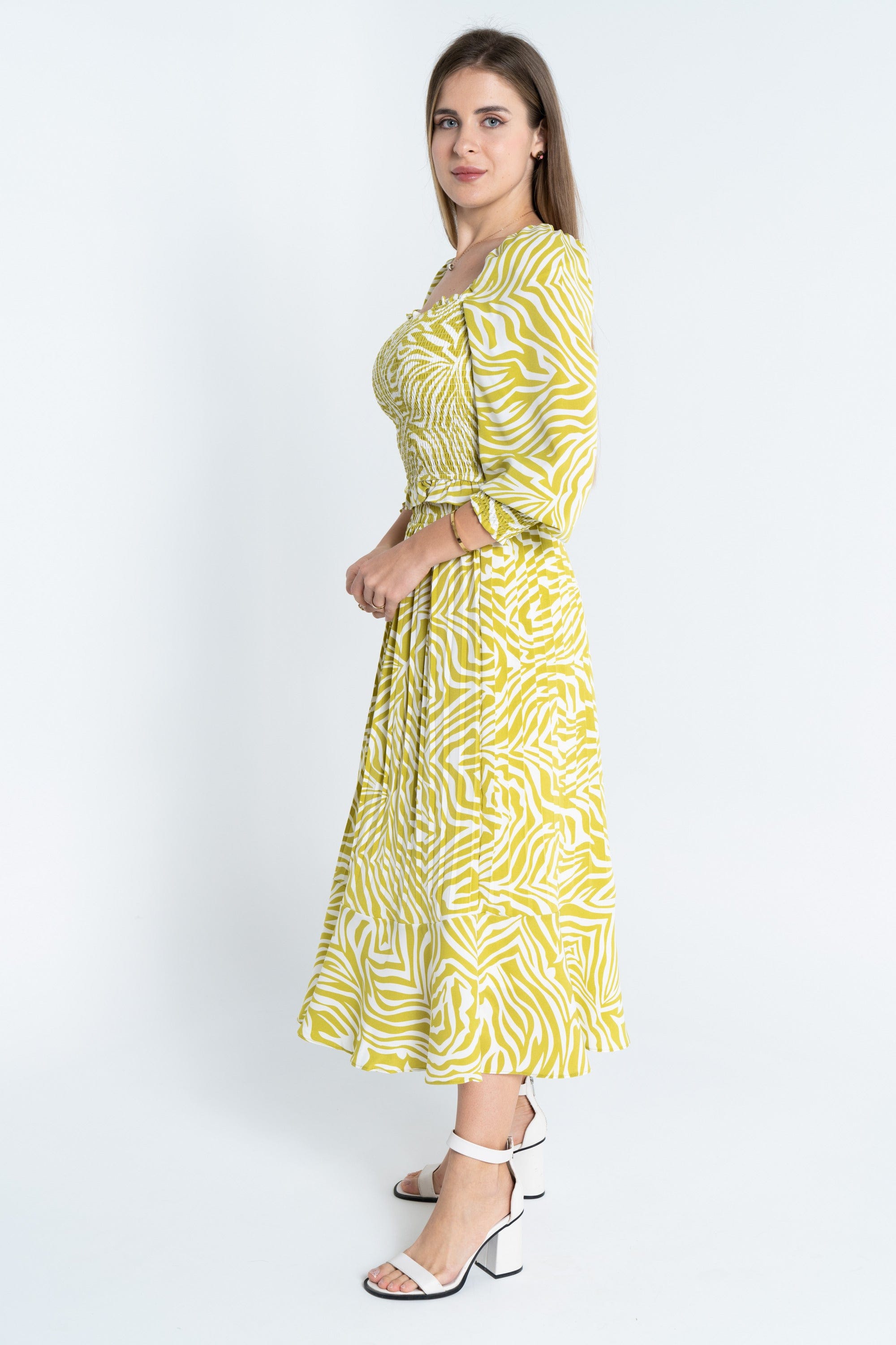 ميكا توب منقوش بياقة مربعة كم طويل بف نسائي