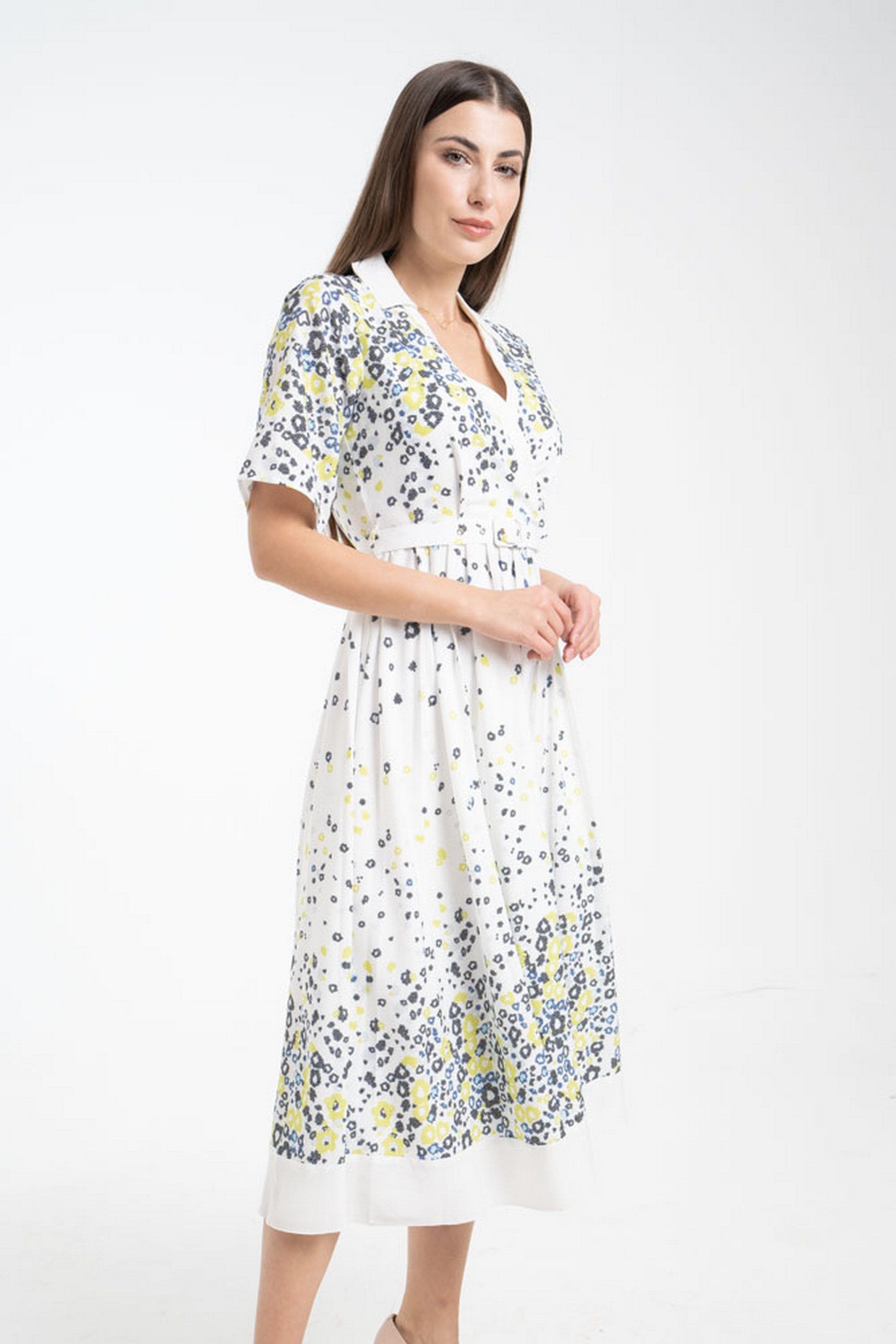 ميكا فستان ميدي منقوش بنقشة ورود لف بحزام على الخصر وياقة نص كم نسائي