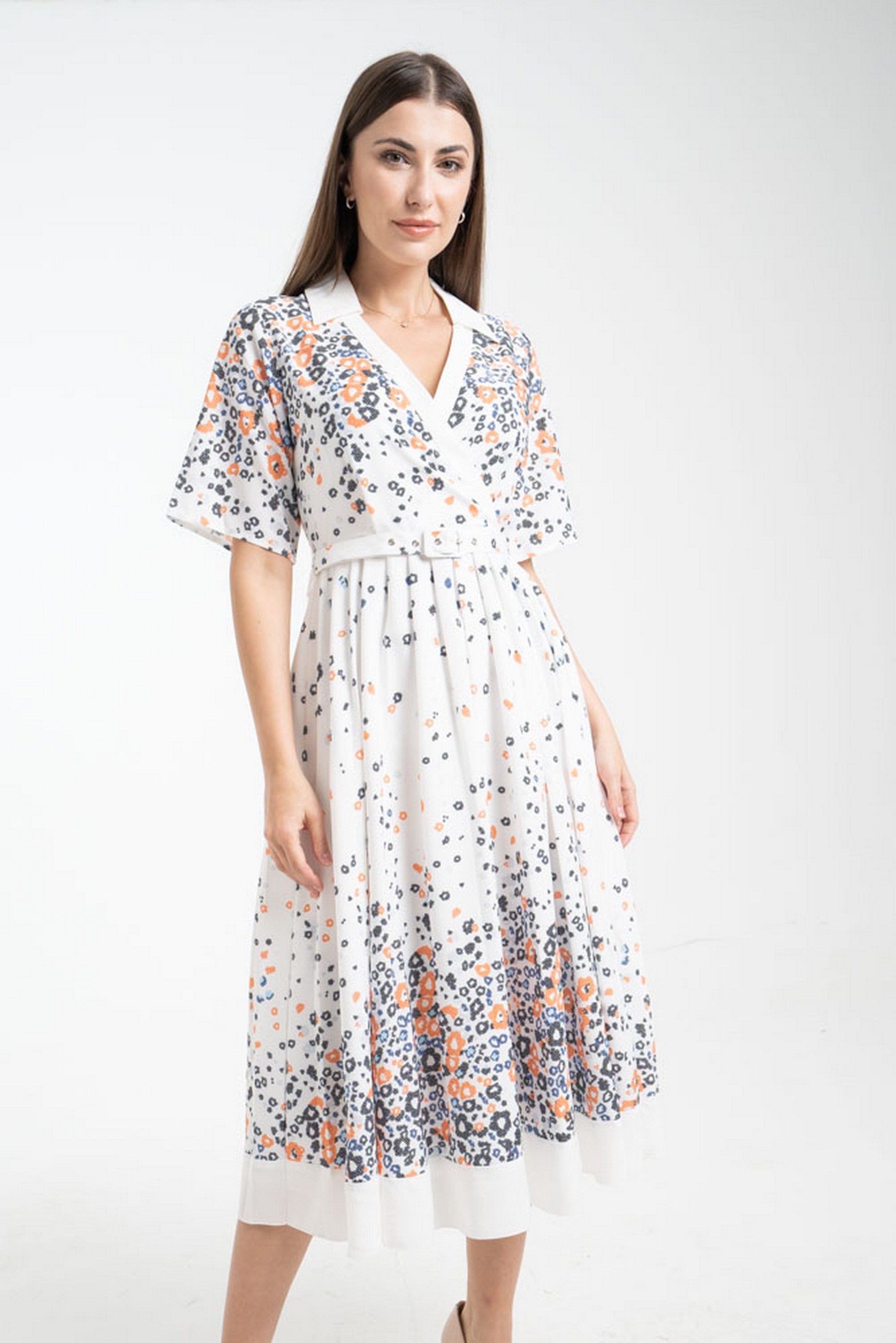 ميكا فستان ميدي منقوش بنقشة ورود لف بحزام على الخصر وياقة نص كم نسائي