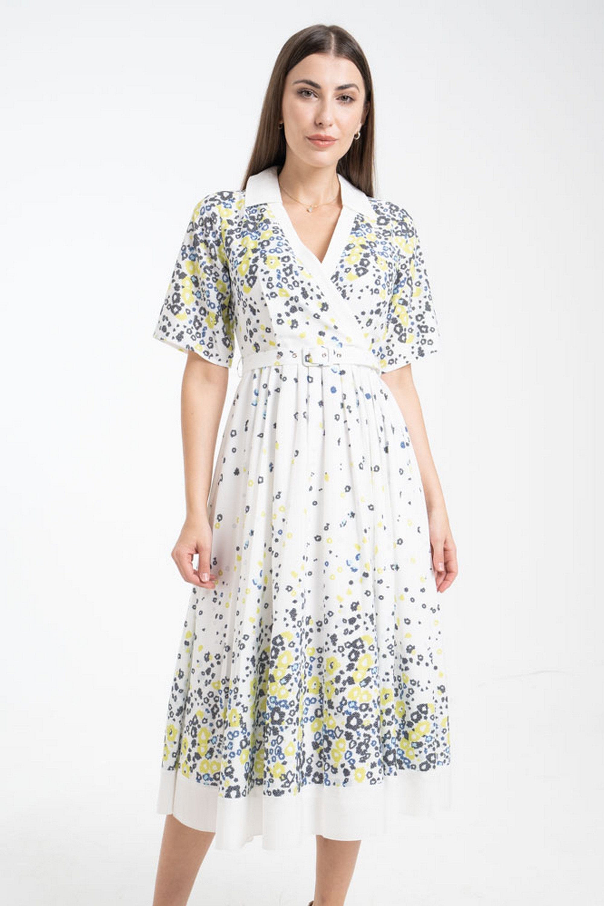 ميكا فستان ميدي منقوش بنقشة ورود لف بحزام على الخصر وياقة نص كم نسائي