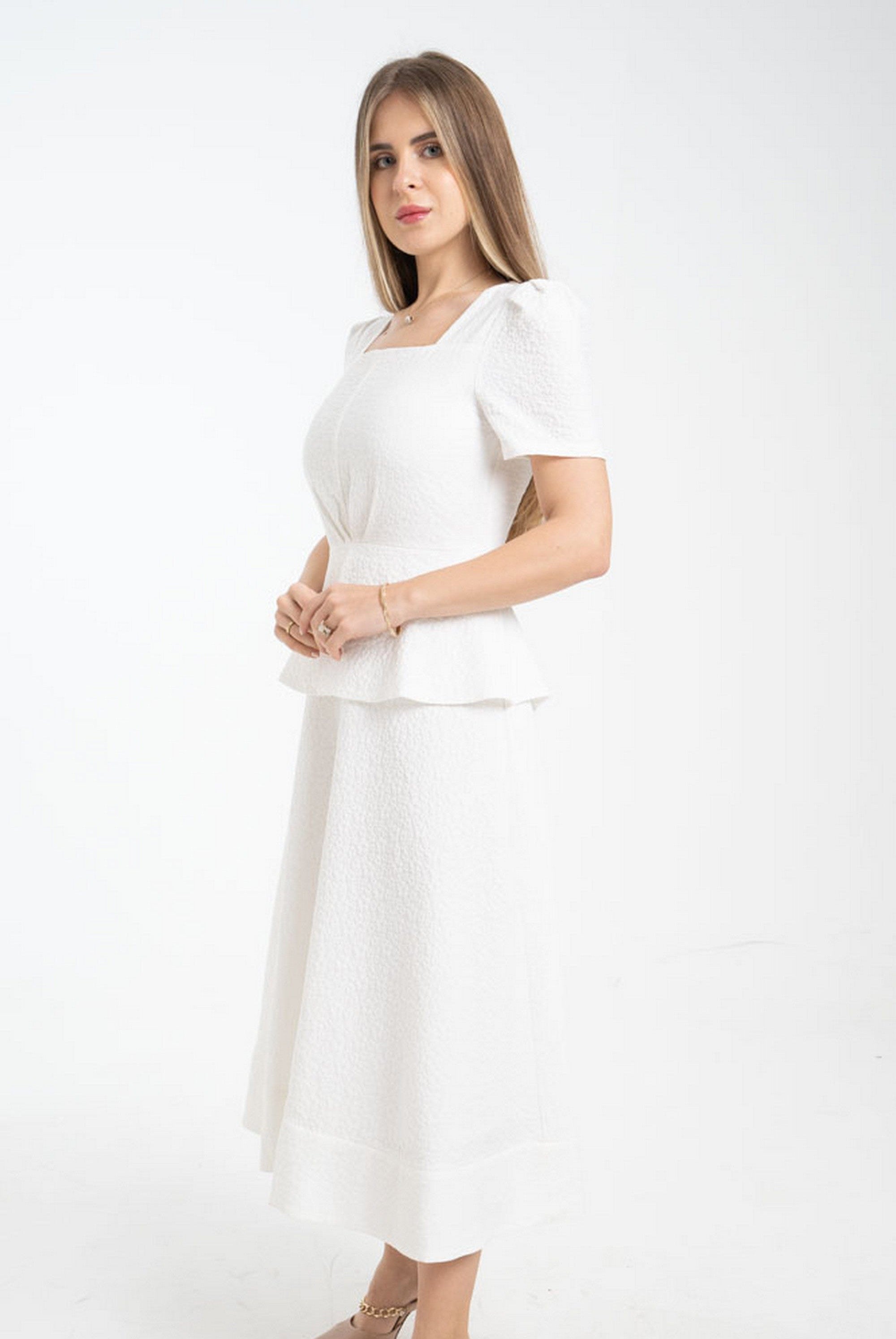 ميكا فستان ميدي كلاسيك بنقشة ورد كم قصير وياقة مربعة