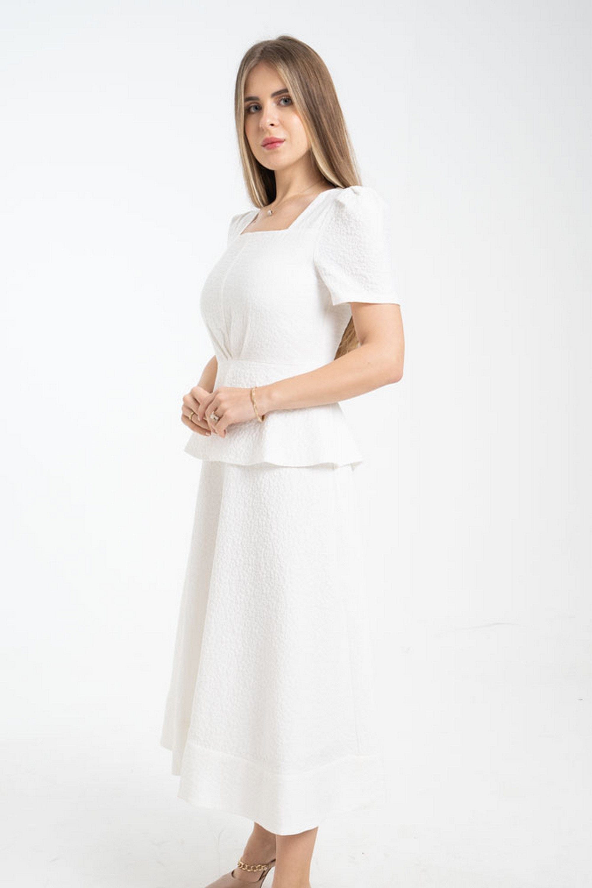 ميكا فستان ميدي كلاسيك بنقشة ورد كم قصير وياقة مربعة