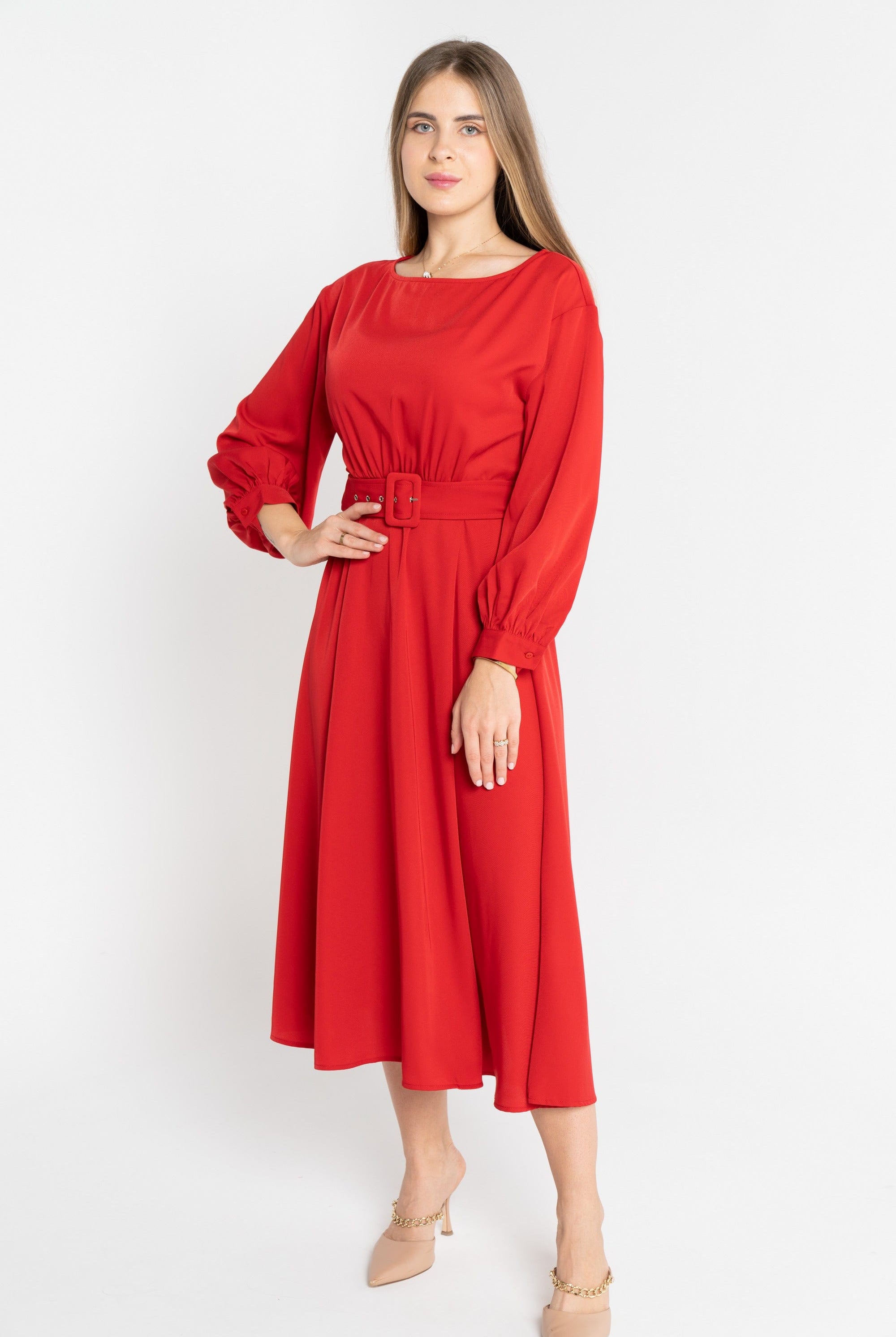 ميكا فستان ميدي سادة مع حزام على الخصر كم طويل بف نسائي