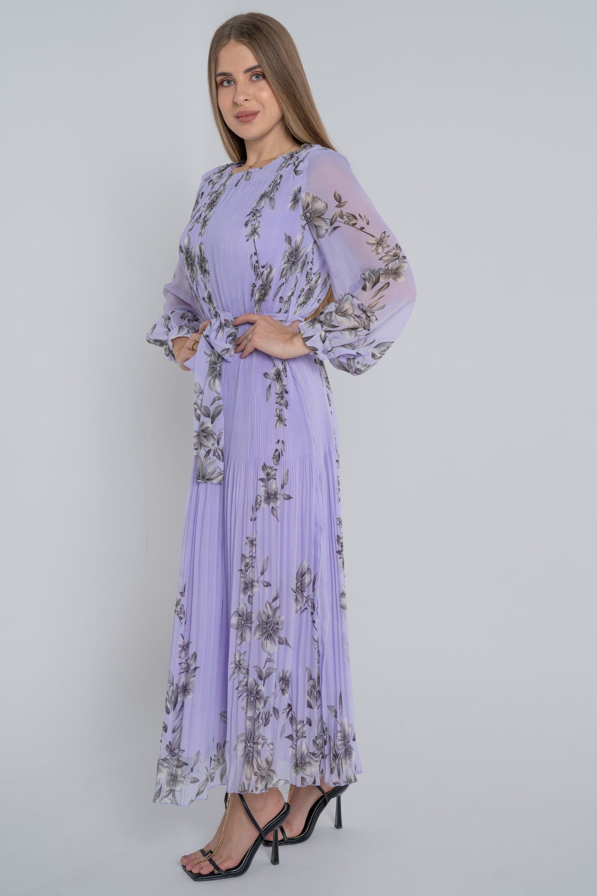 ميكا فستان ميدي مورد بكسرات من أسفل كم طويل شفاف نسائي