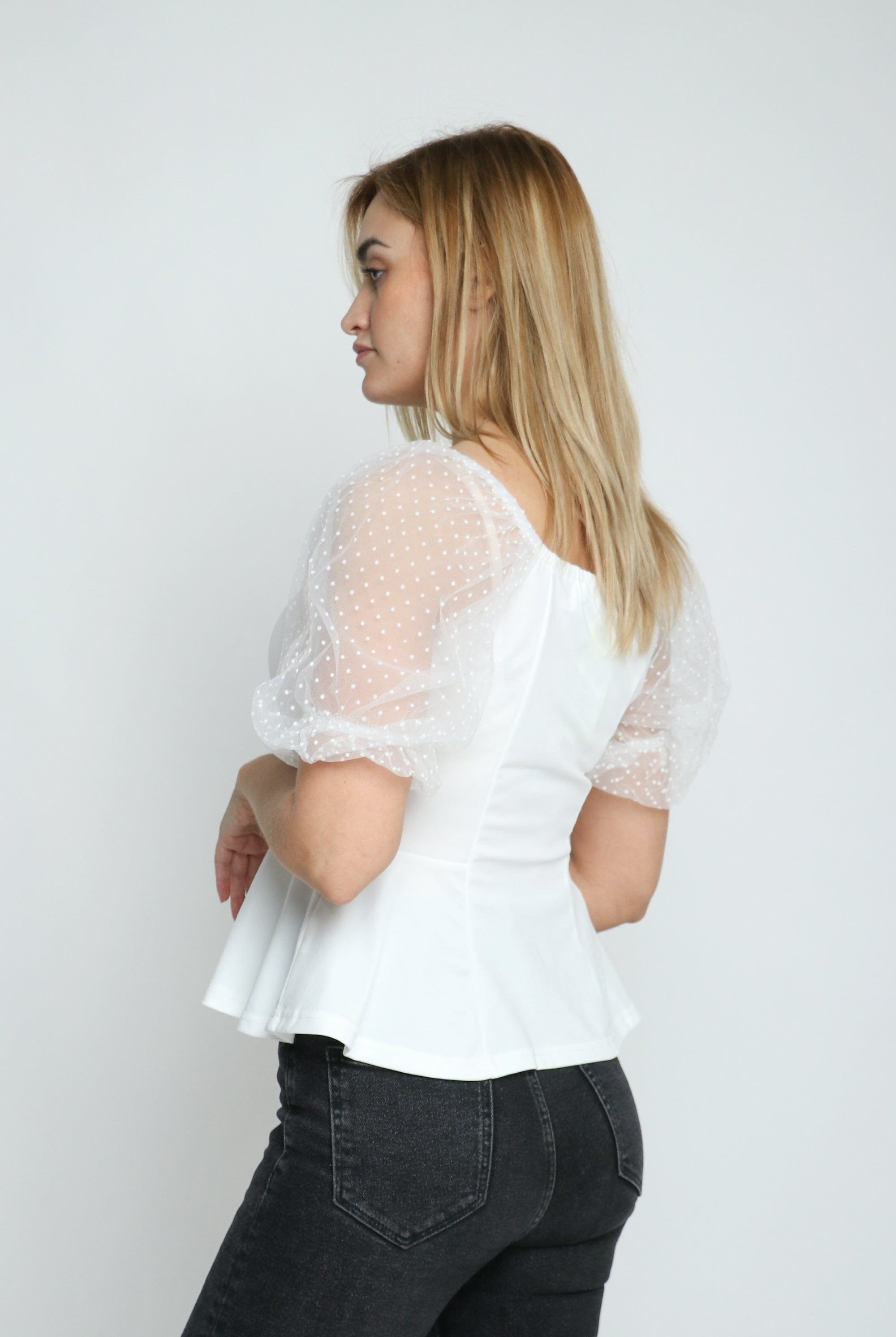 ميكا بلوزة سادة بأكمام شيفون منقطة نسائي