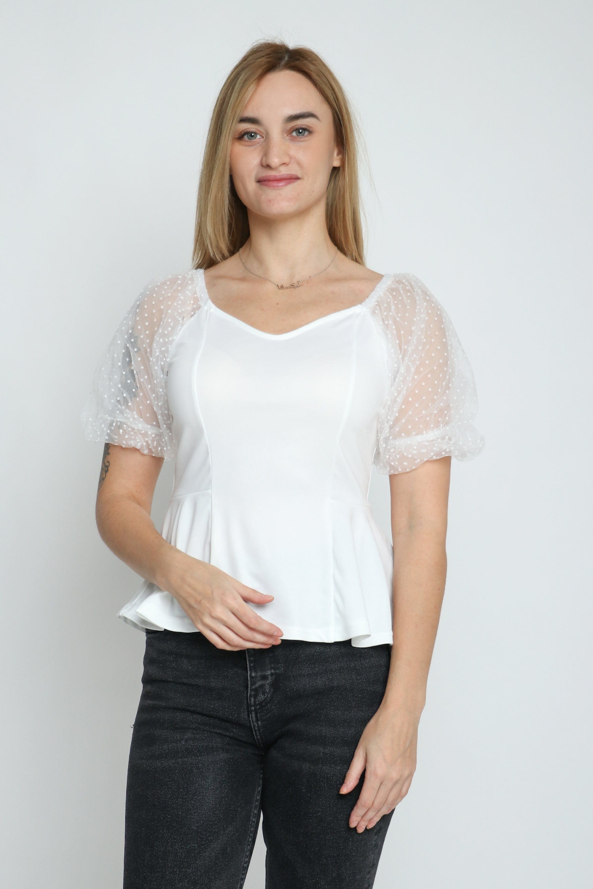 ميكا بلوزة سادة بأكمام شيفون منقطة نسائي