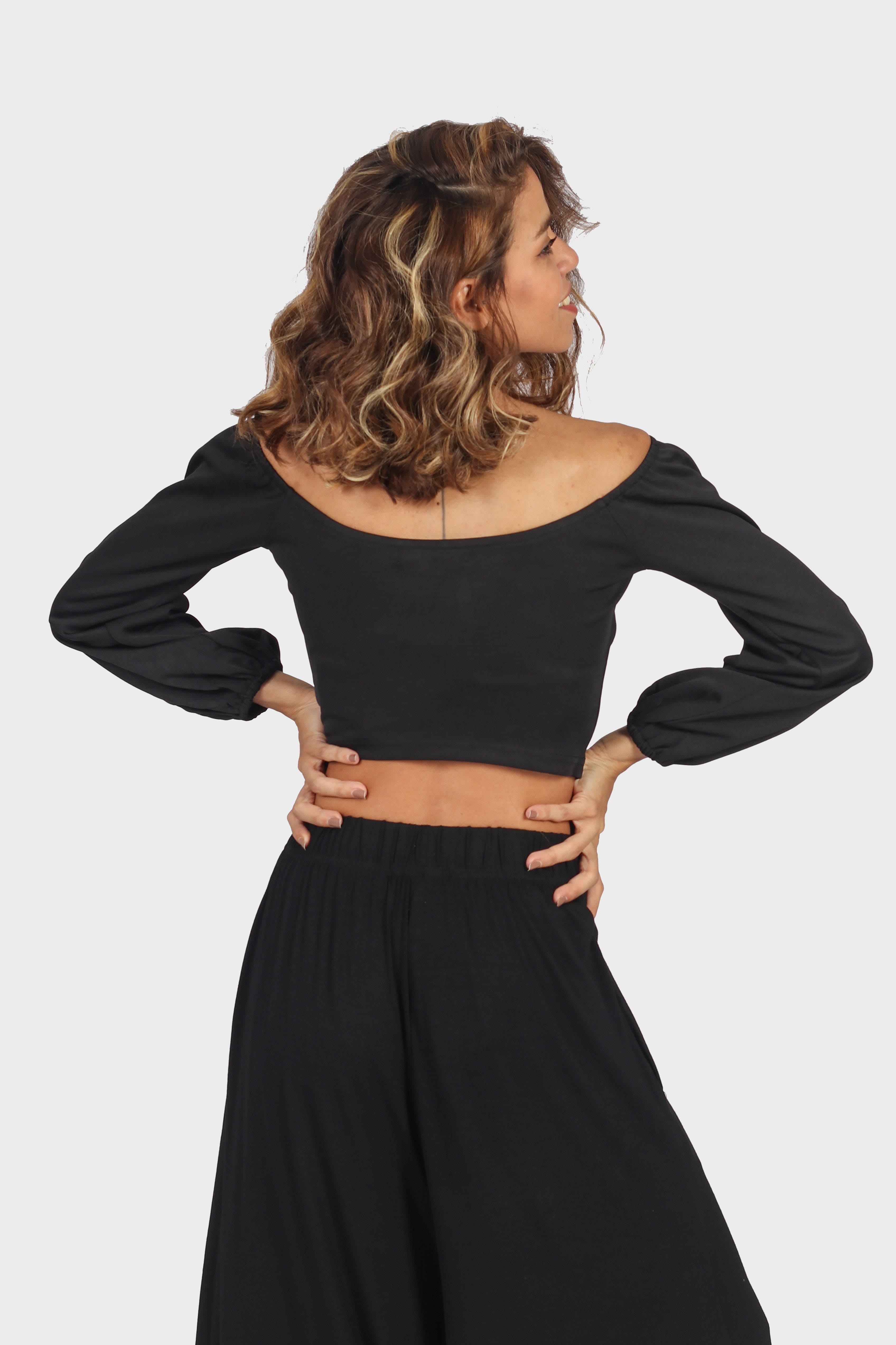 ميكا بلوزة نص بطن أوف شولدر كم طويل منفوخ نسائي