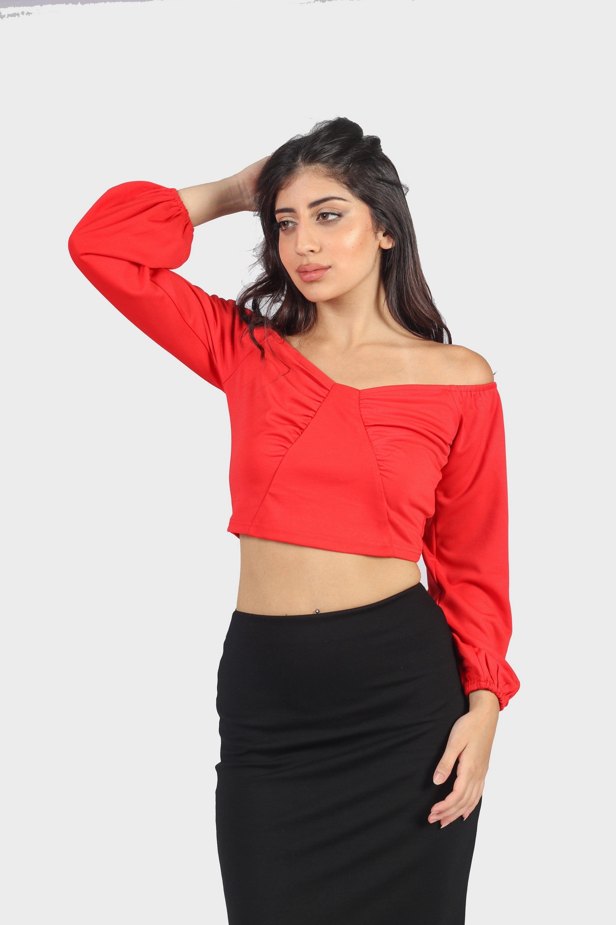 ميكا بلوزة نص بطن أوف شولدر كم طويل منفوخ نسائي