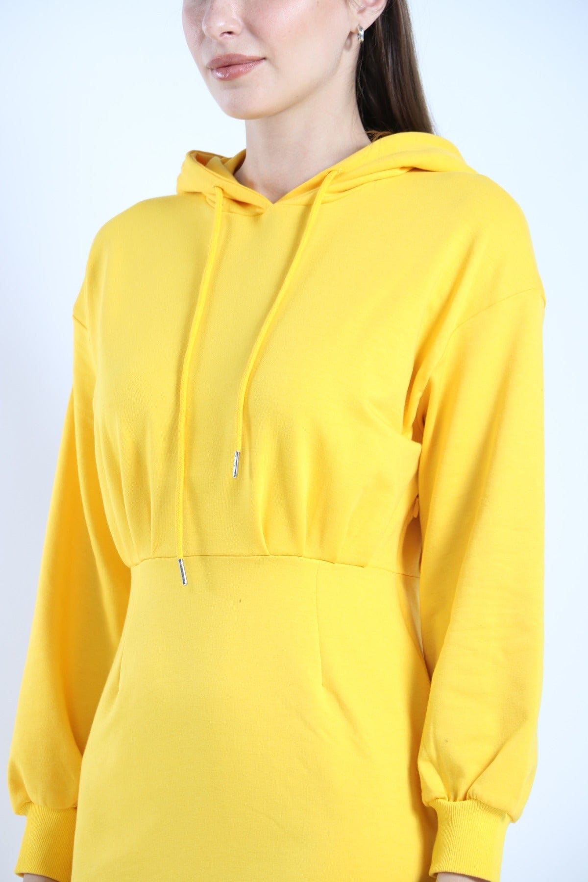 ميكا فستان ميدي هودي سادة مزموم بأكمام طويلة