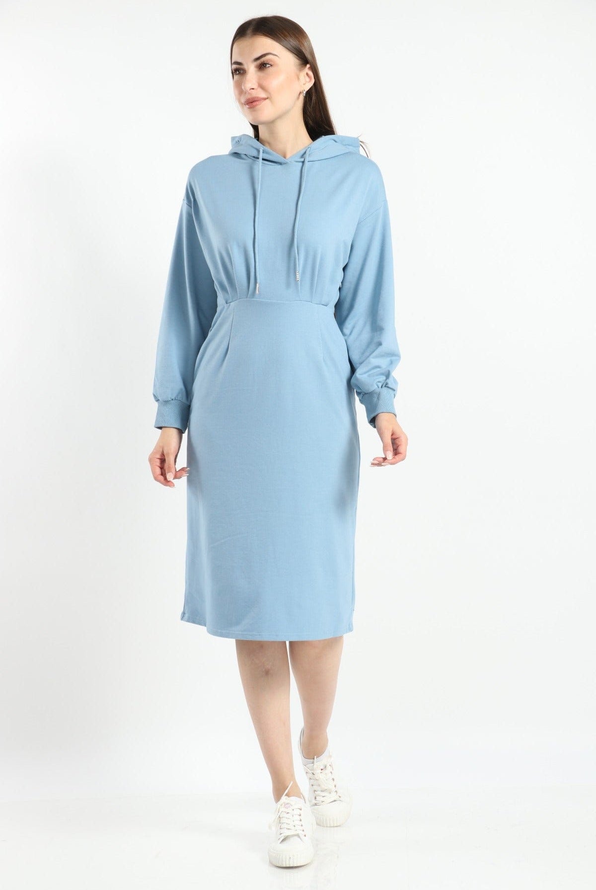 ميكا فستان ميدي هودي سادة مزموم بأكمام طويلة