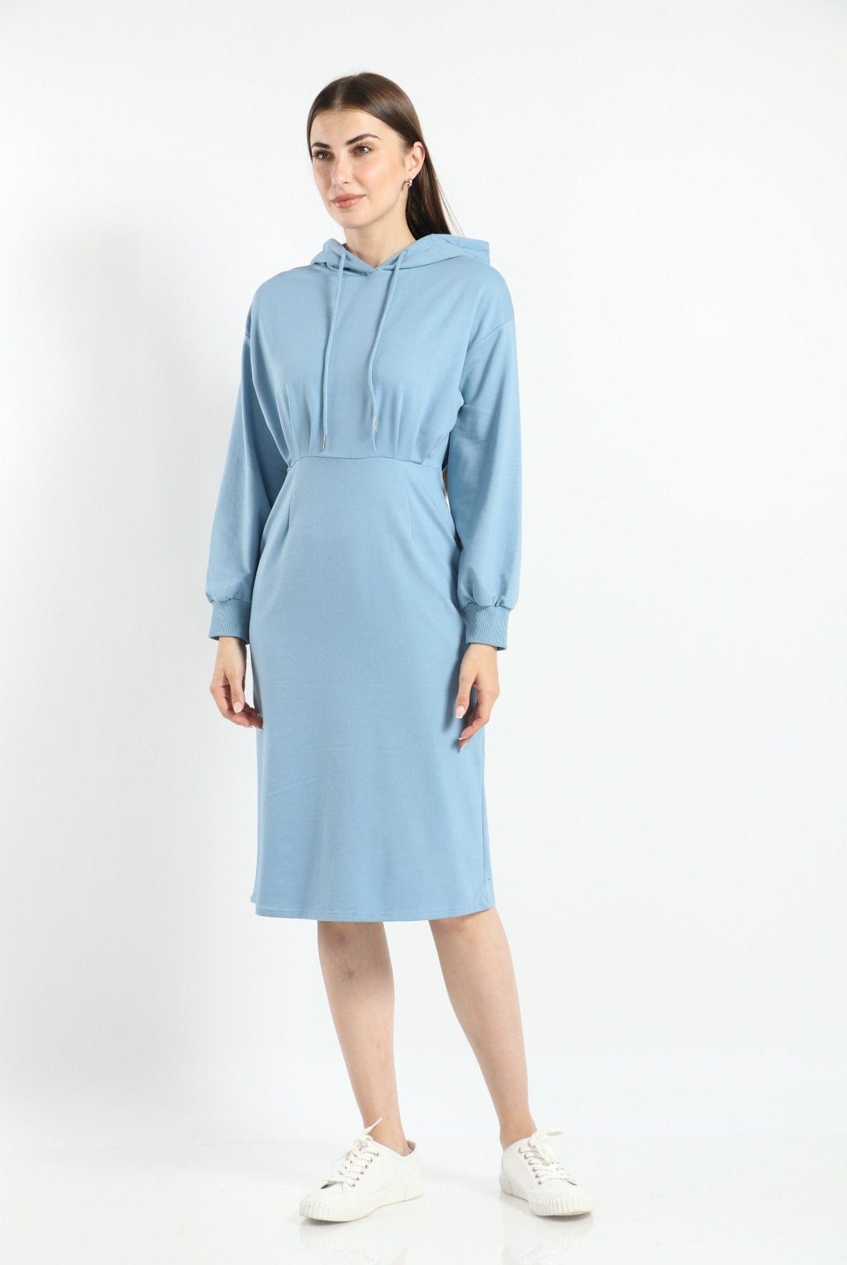 ميكا فستان ميدي هودي سادة مزموم بأكمام طويلة