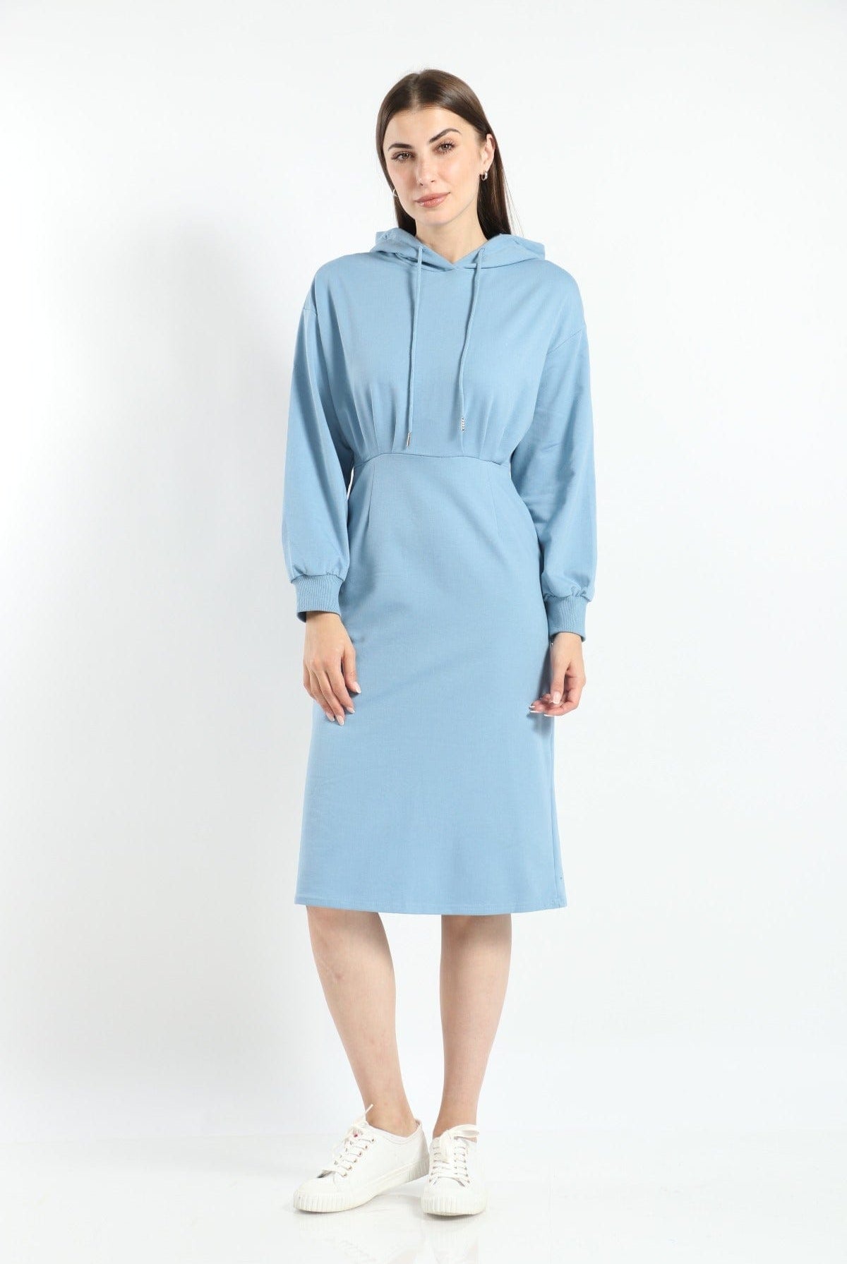 ميكا فستان ميدي هودي سادة مزموم بأكمام طويلة