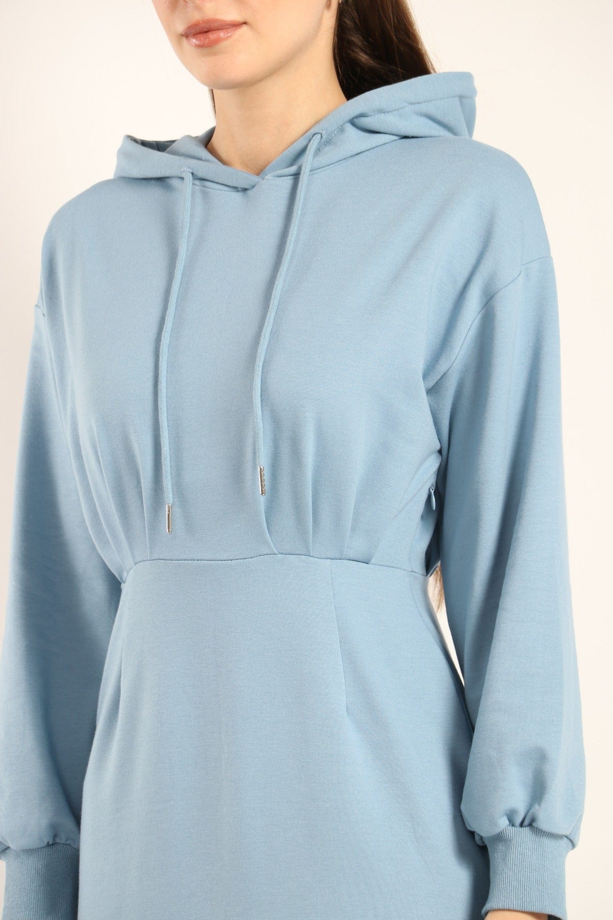 ميكا فستان ميدي هودي سادة مزموم بأكمام طويلة