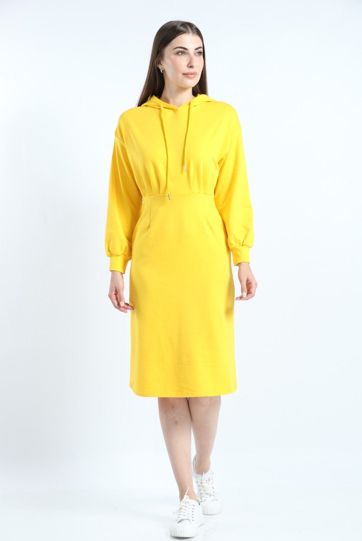 ميكا فستان ميدي هودي سادة مزموم بأكمام طويلة