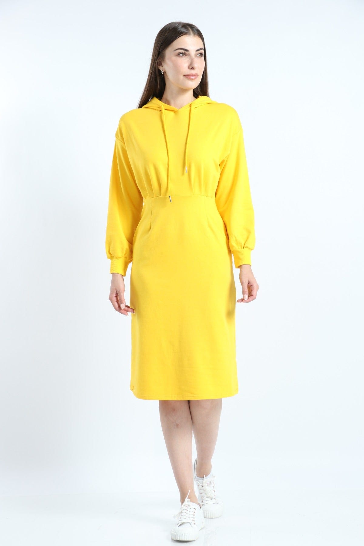 ميكا فستان ميدي هودي سادة مزموم بأكمام طويلة