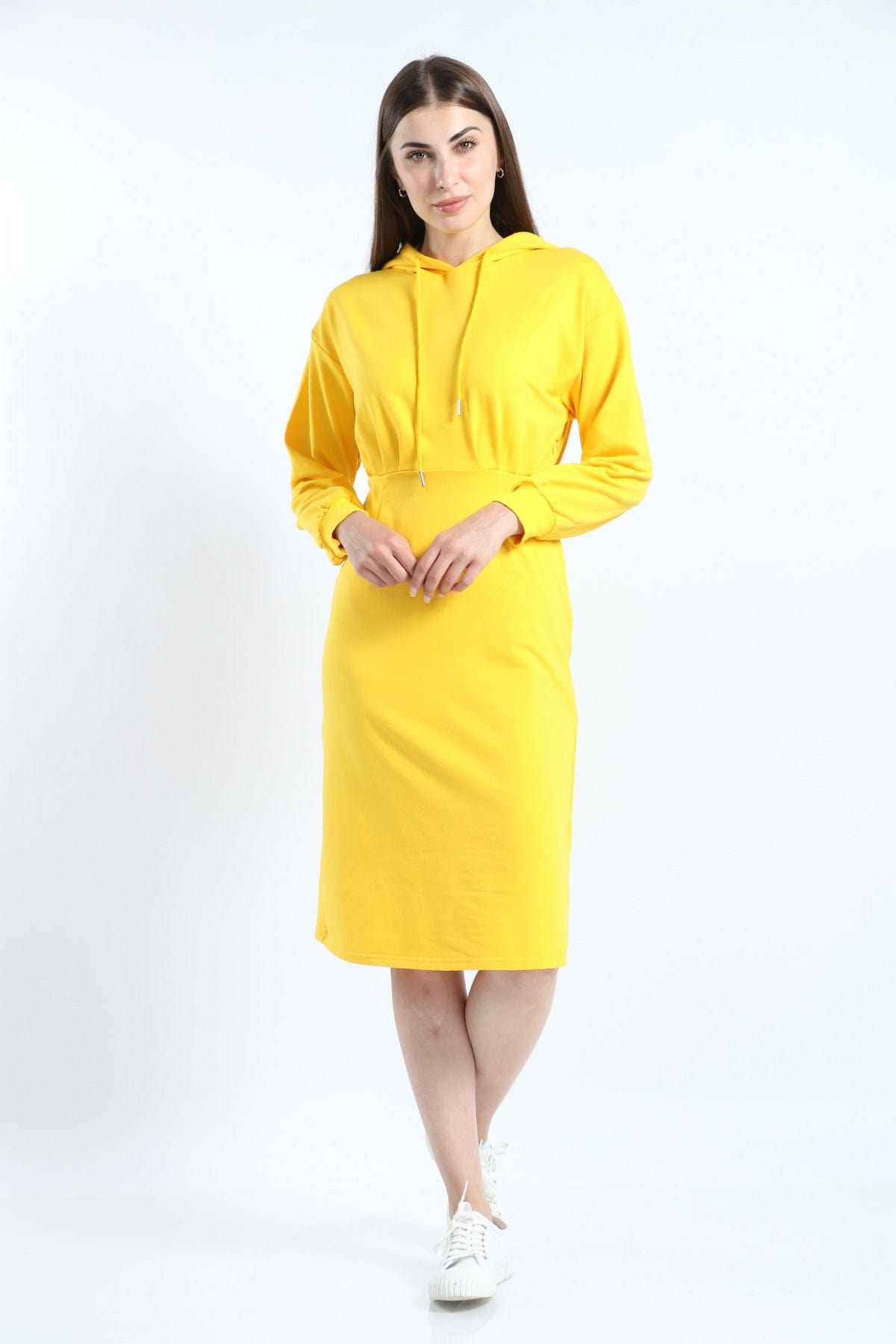 ميكا فستان ميدي هودي سادة مزموم بأكمام طويلة