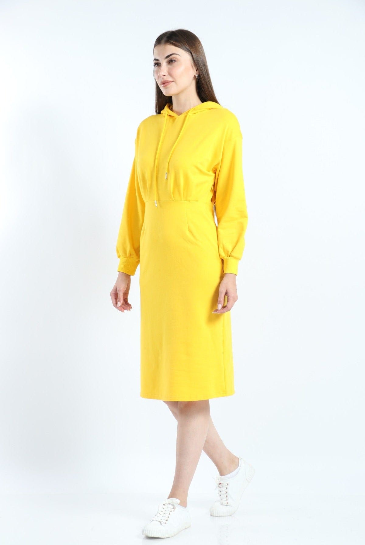 ميكا فستان ميدي هودي سادة مزموم بأكمام طويلة