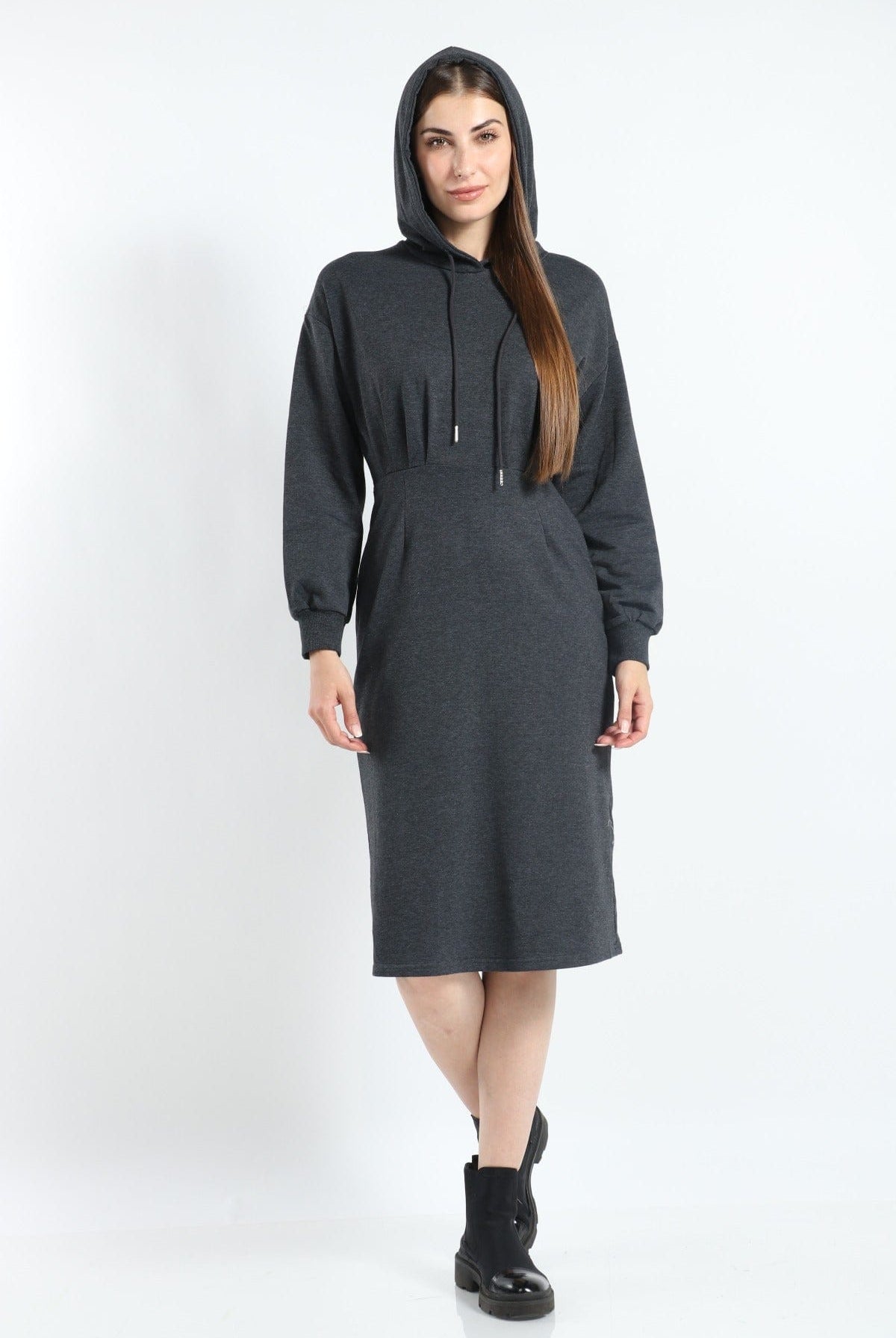 ميكا فستان ميدي هودي سادة مزموم بأكمام طويلة