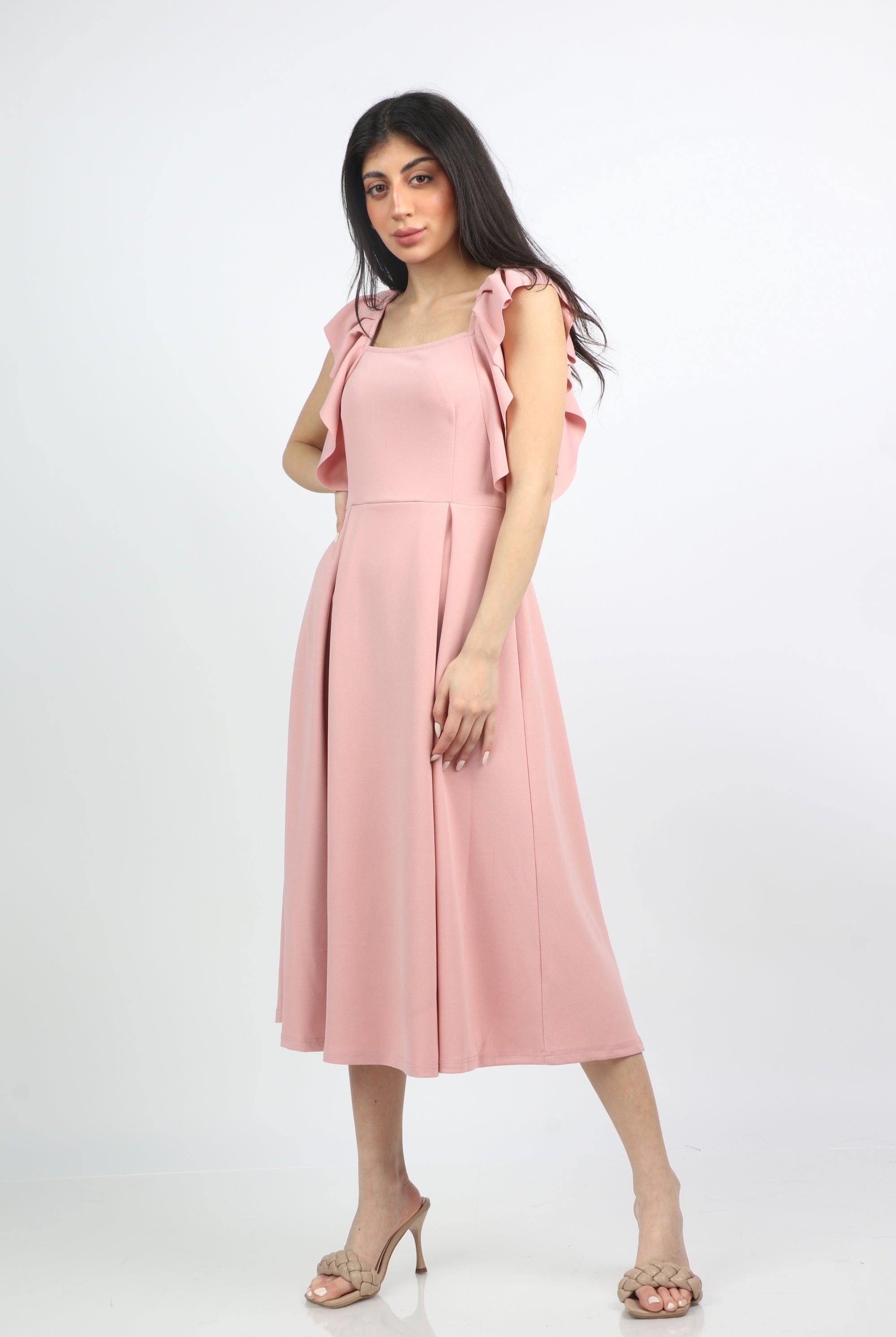 ميكا فستان ميدي مخصر بكسرات واسعة كت مكشكش نسائي