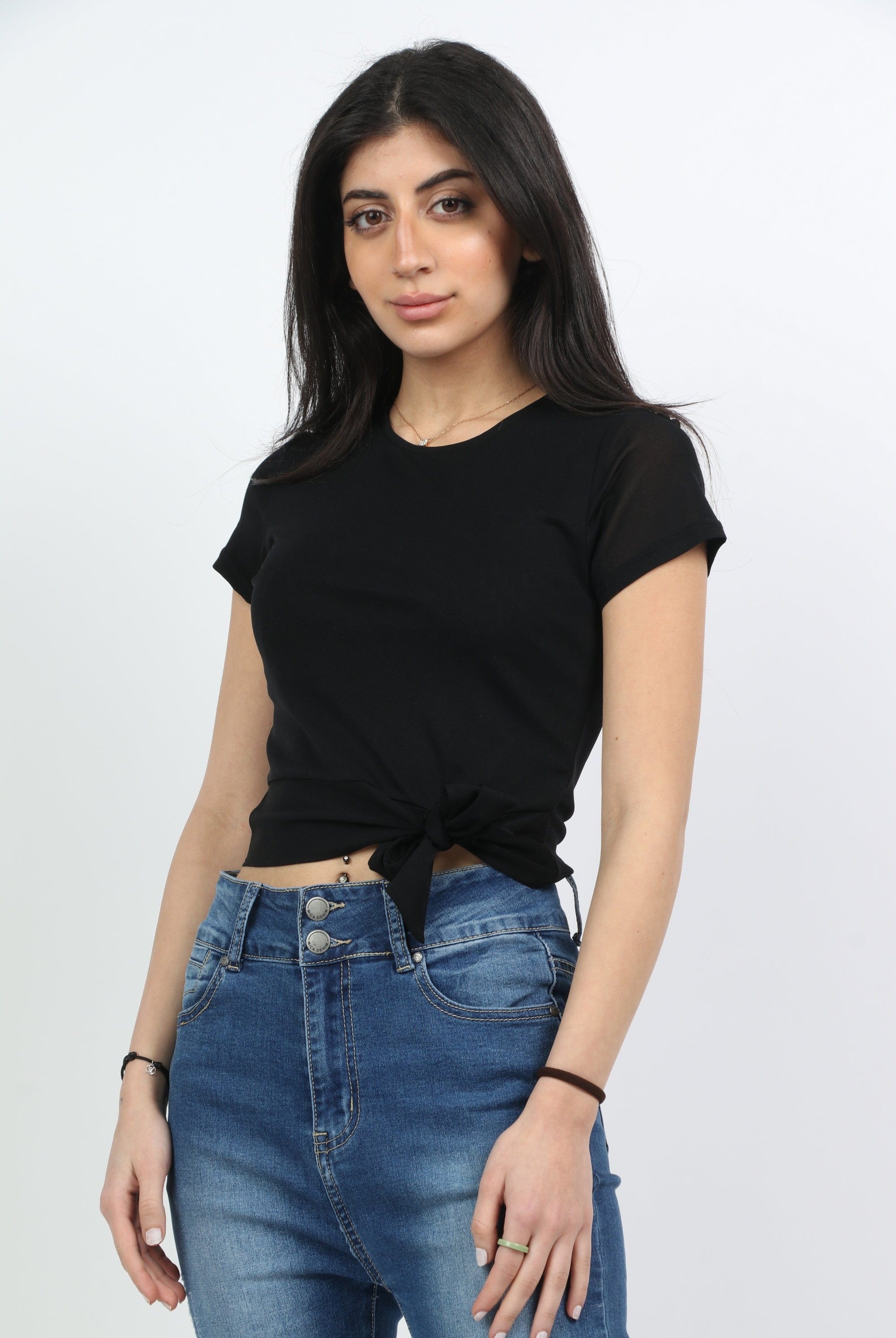 ميكا بلوزة سادة كم قصير بربطة خصر نسائي