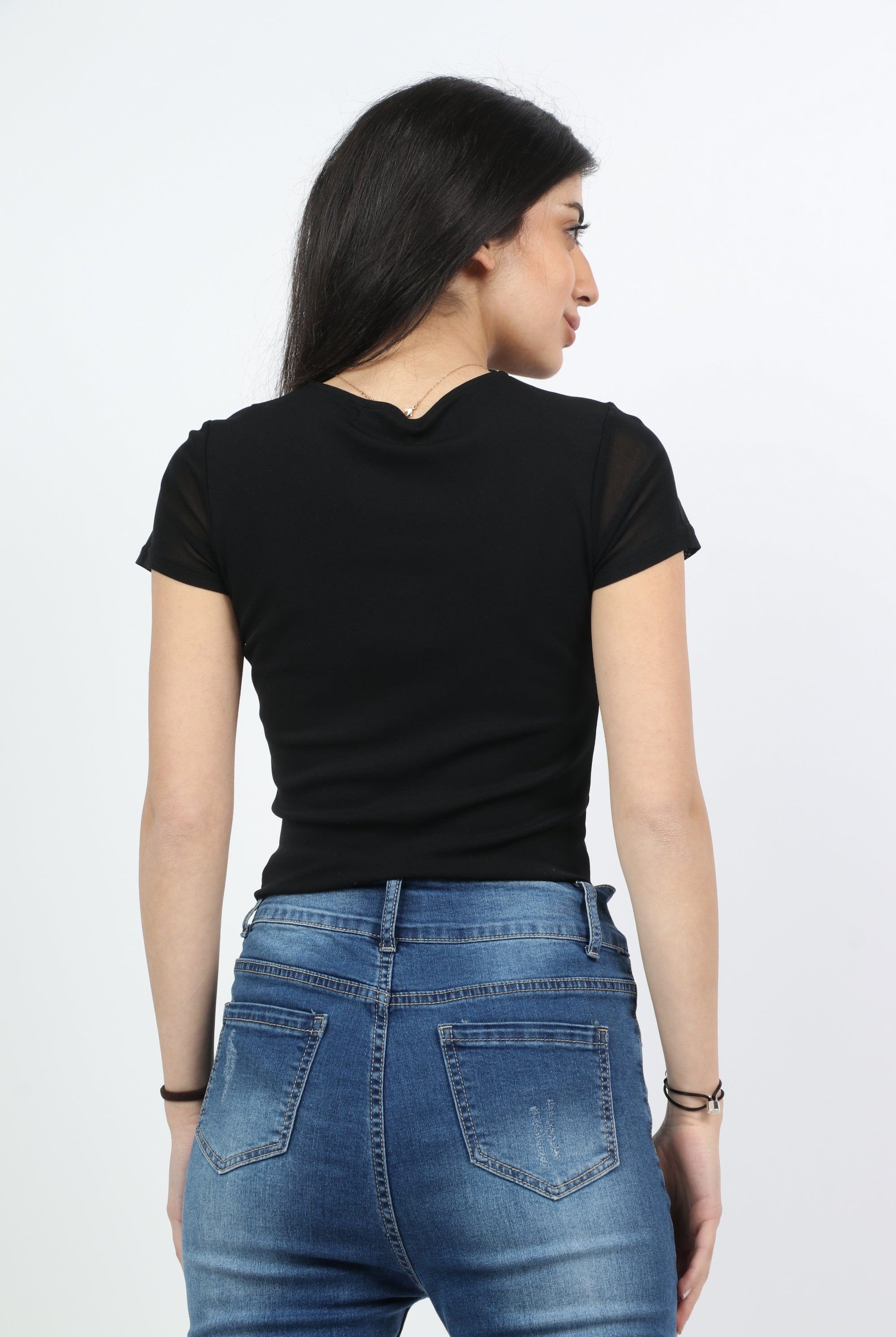 ميكا بلوزة سادة كم قصير بربطة خصر نسائي